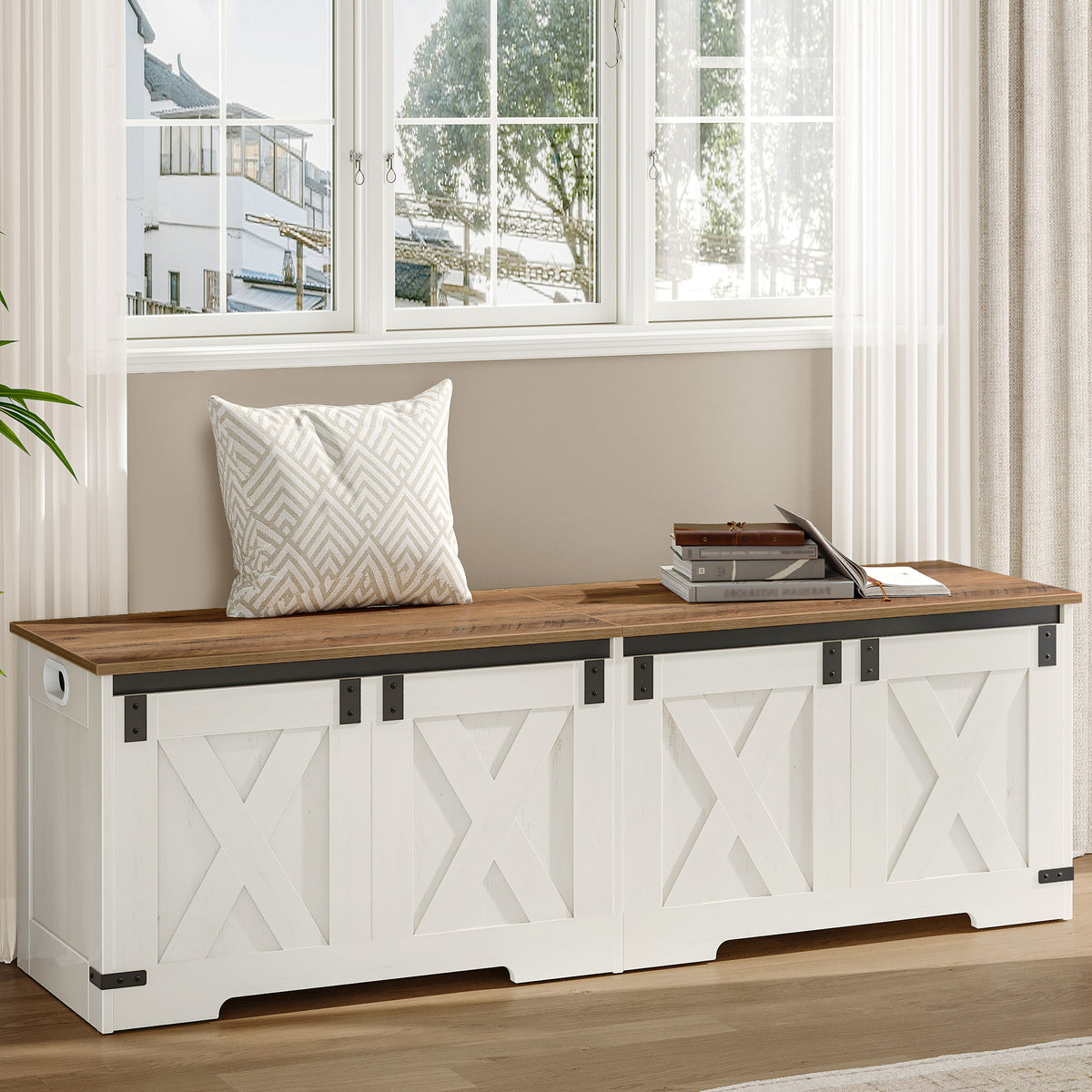 Hzuaneri Shoe Bench, Storage Cabinet, 2 Sturdy Hinges, Barn Style, 40 x 150 x 48.5 cm, Seat Chest for Entryway, Bedroom, White Brown, SB15014X