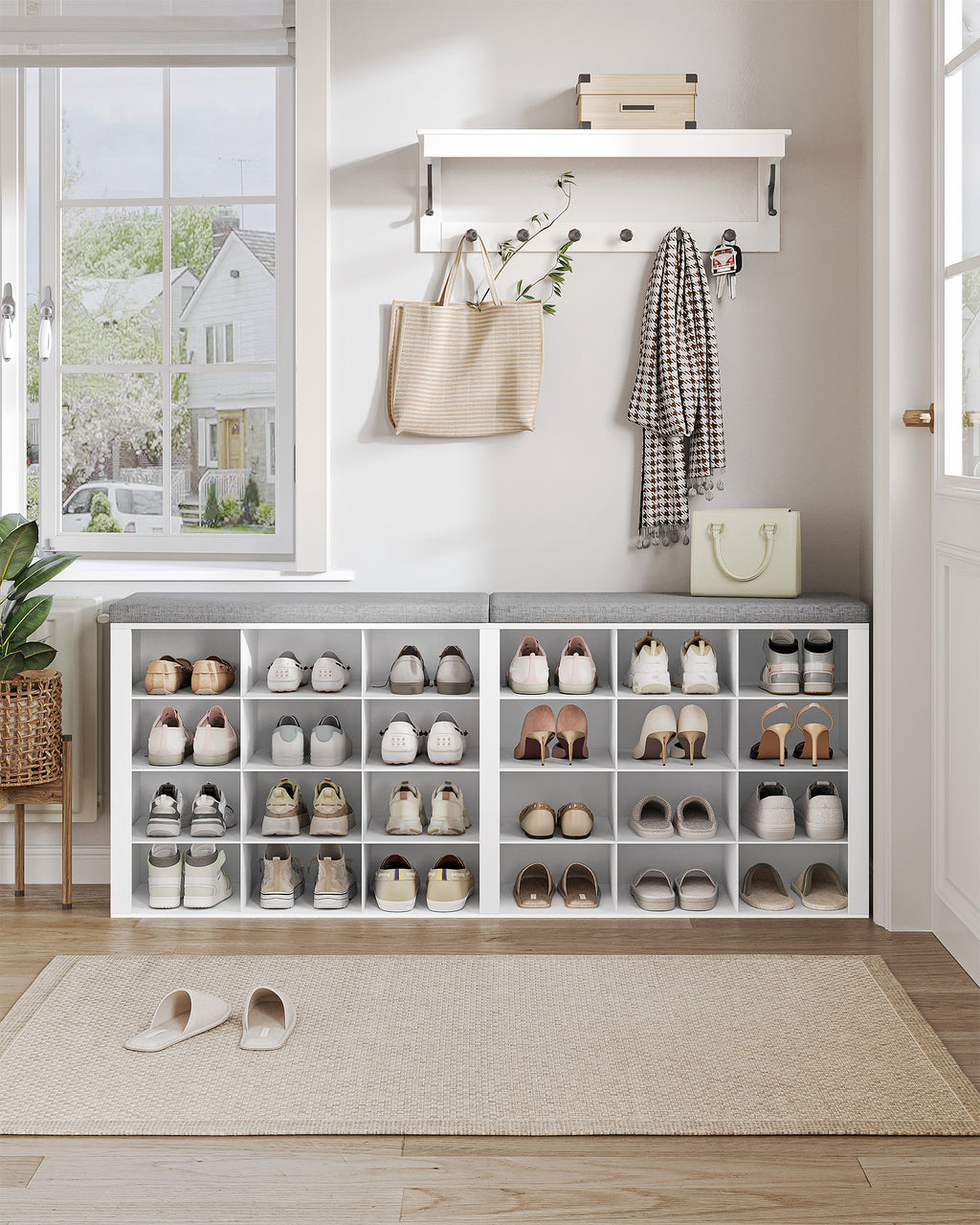 Hzuaneri Shoe Bench, Shoe Rack with Seat, Shoe Cabinet with Bench, 24 Compartments, Entrance Bench with Adjustable Shelves for Living Room, Bedroom, Hallway, White-Grey SB32403GY