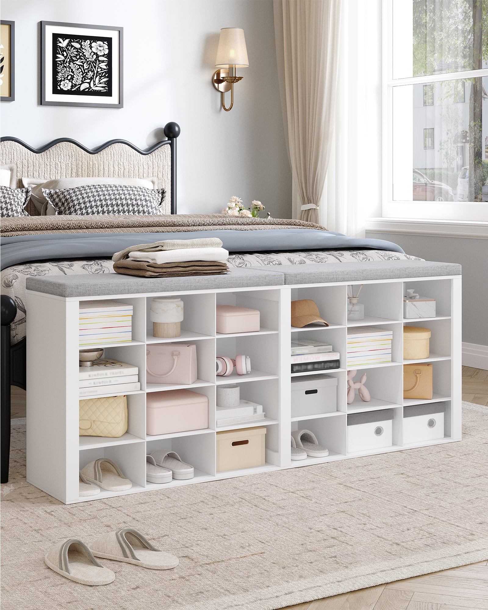Hzuaneri Shoe Bench, Shoe Rack with Seat, Shoe Cabinet with Bench, 24 Compartments, Entrance Bench with Adjustable Shelves for Living Room, Bedroom, Hallway, White-Grey SB32403GY