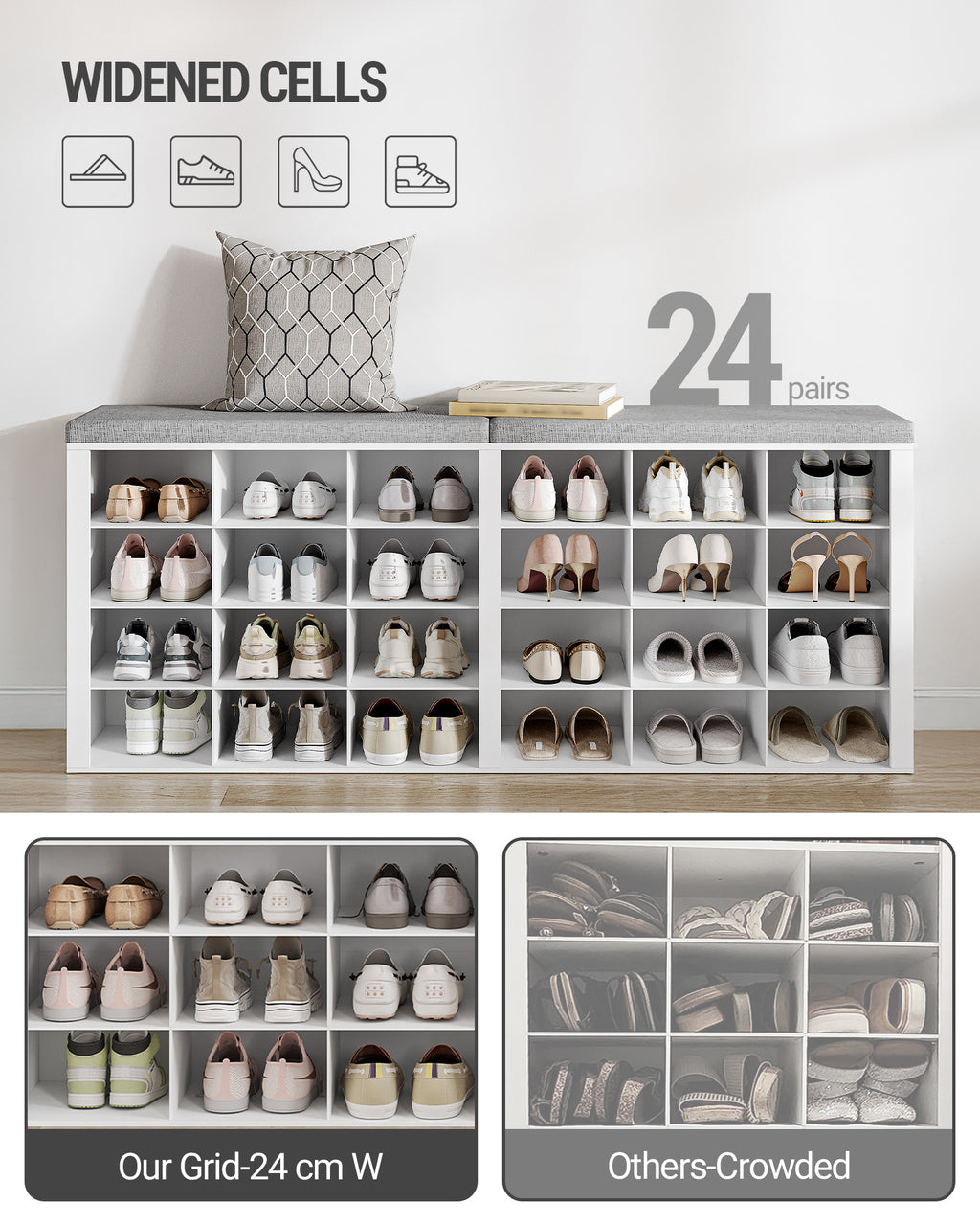 Hzuaneri Shoe Bench, Shoe Rack with Seat, Shoe Cabinet with Bench, 24 Compartments, Entrance Bench with Adjustable Shelves for Living Room, Bedroom, Hallway, White-Grey SB32403GY