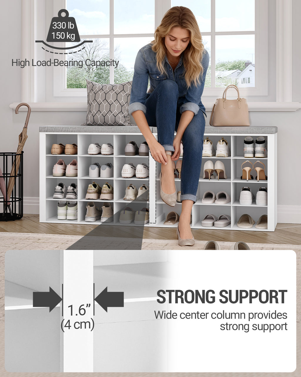 Hzuaneri Shoe Bench, Shoe Rack with Seat, Shoe Cabinet with Bench, 24 Compartments, Entrance Bench with Adjustable Shelves for Living Room, Bedroom, Hallway, White-Grey SB32403GY