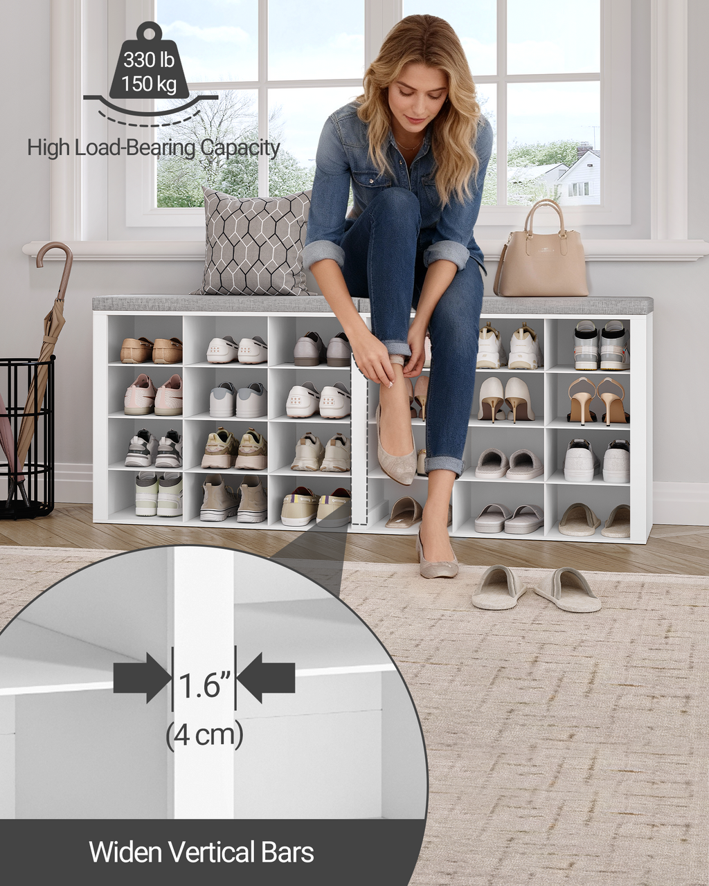 Hzuaneri Shoe Bench, Shoe Rack with Seat, Shoe Cabinet with Bench, 24 Compartments, Entrance Bench with Adjustable Shelves for Living Room, Bedroom, Hallway, White-Grey SB32403GY