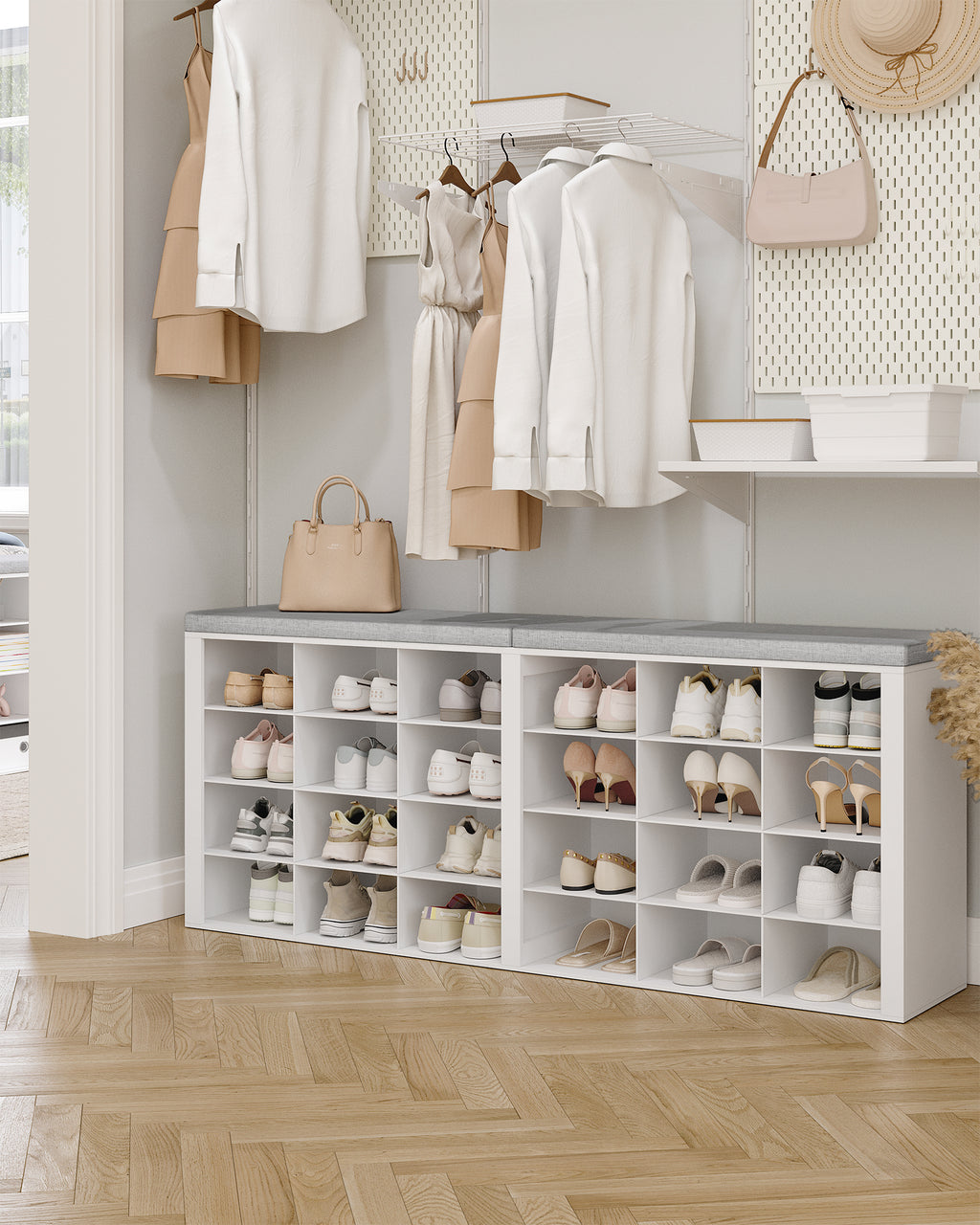 Hzuaneri Shoe Bench, Shoe Rack with Seat, Shoe Cabinet with Bench, 24 Compartments, Entrance Bench with Adjustable Shelves for Living Room, Bedroom, Hallway, White-Grey SB32403GY
