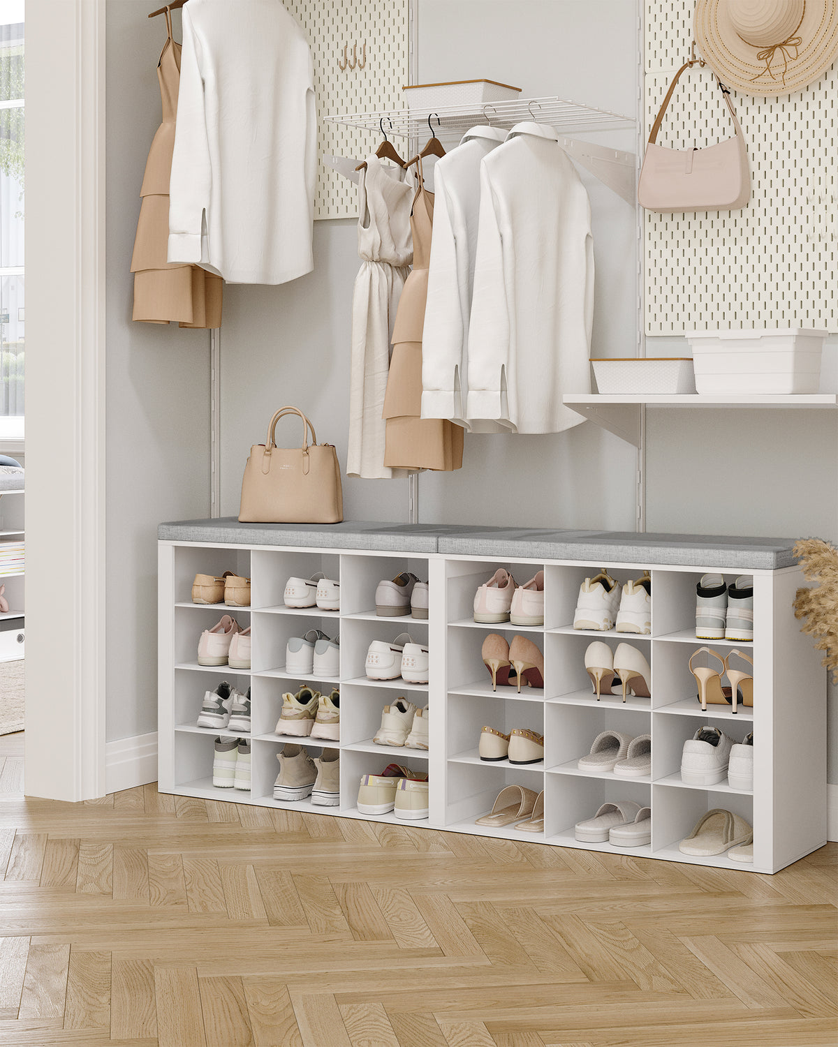 Hzuaneri Shoe Bench, Shoe Rack with Seat, Shoe Cabinet with Bench, 24 Compartments, Entrance Bench with Adjustable Shelves for Living Room, Bedroom, Hallway, White-Grey SB32403GY