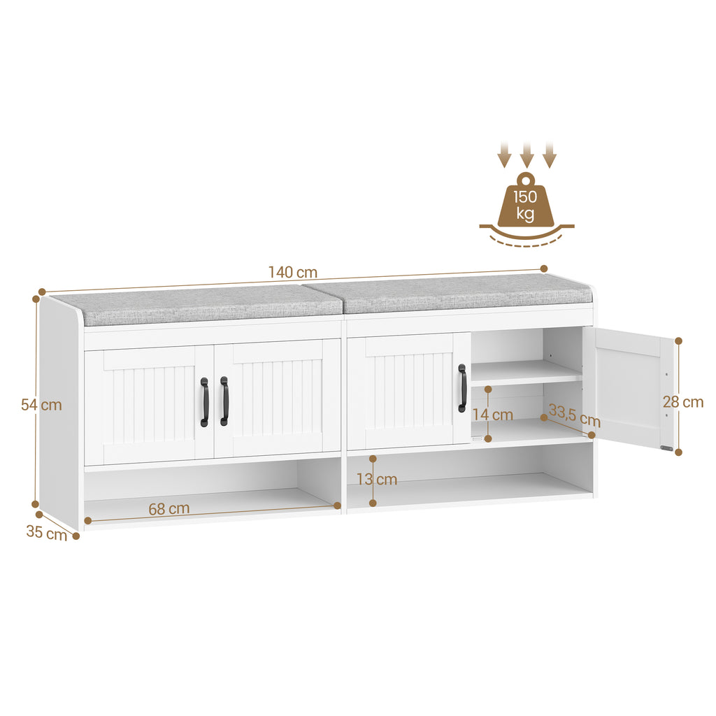 Hzuaneri Shoe Bench, 140 cm, Shoe Rack with Seat, Bench with Storage Space, Open Design, Hidden Storage, for Living Room and Entryway, 35 x 140 x 54 cm, White SB41403GY