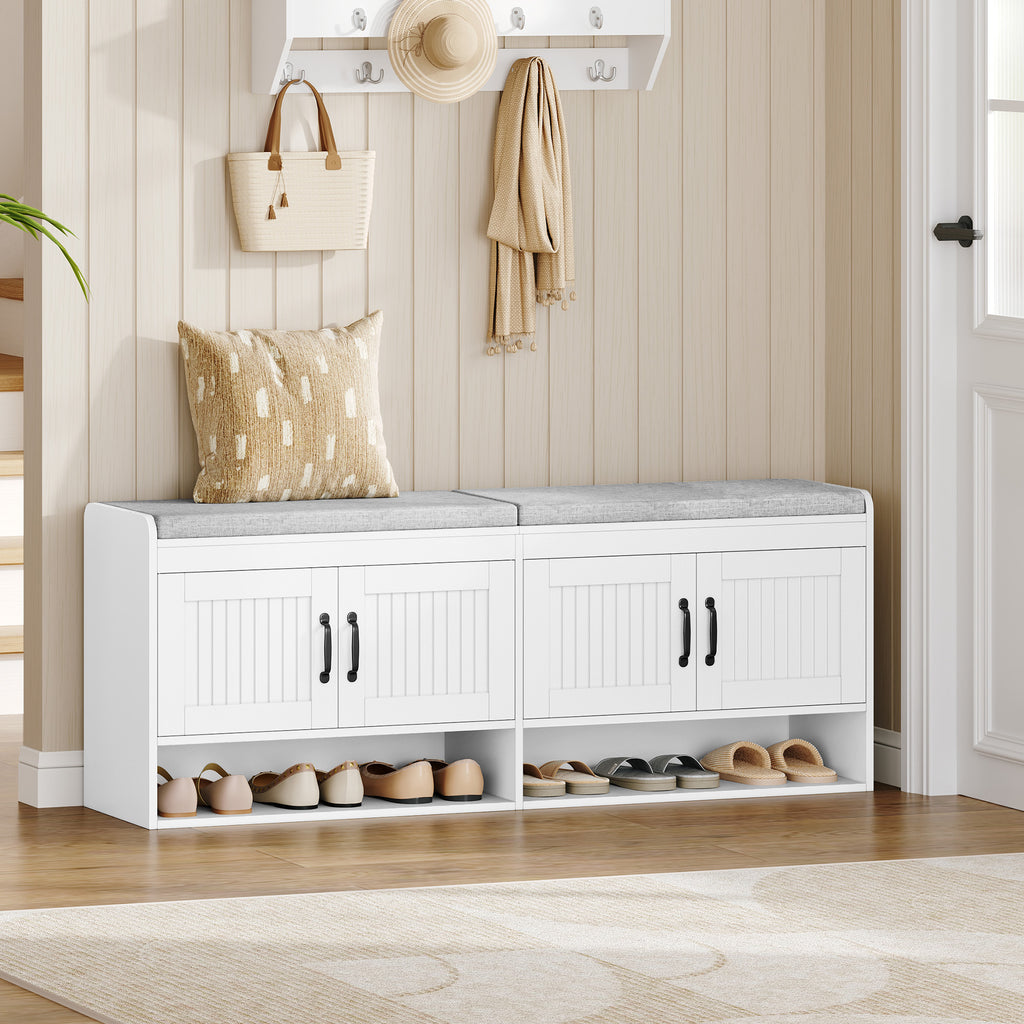 Hzuaneri Shoe Bench, 140 cm, Shoe Rack with Seat, Bench with Storage Space, Open Design, Hidden Storage, for Living Room and Entryway, 35 x 140 x 54 cm, White SB41403GY