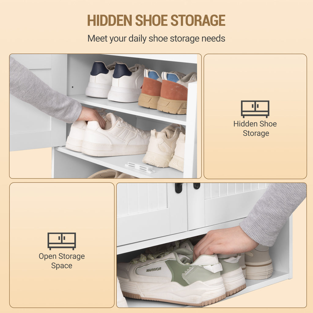 Hzuaneri Shoe Bench, 140 cm, Shoe Rack with Seat, Bench with Storage Space, Open Design, Hidden Storage, for Living Room and Entryway, 35 x 140 x 54 cm, White SB41403GY
