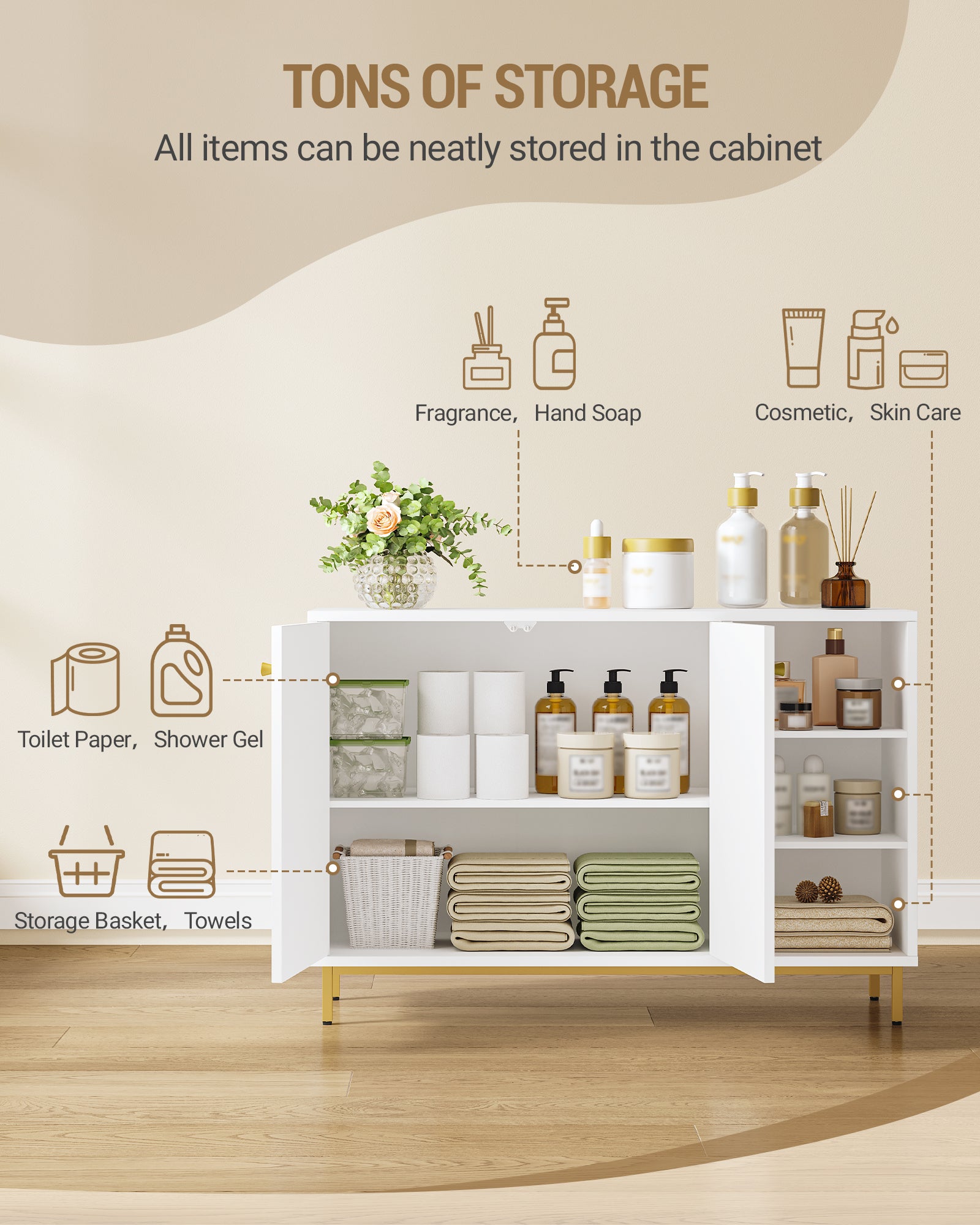 HEXCELEN  ‌Modern 2-Door Cabinet with Open Shelf, for Bathroom & Kitchen