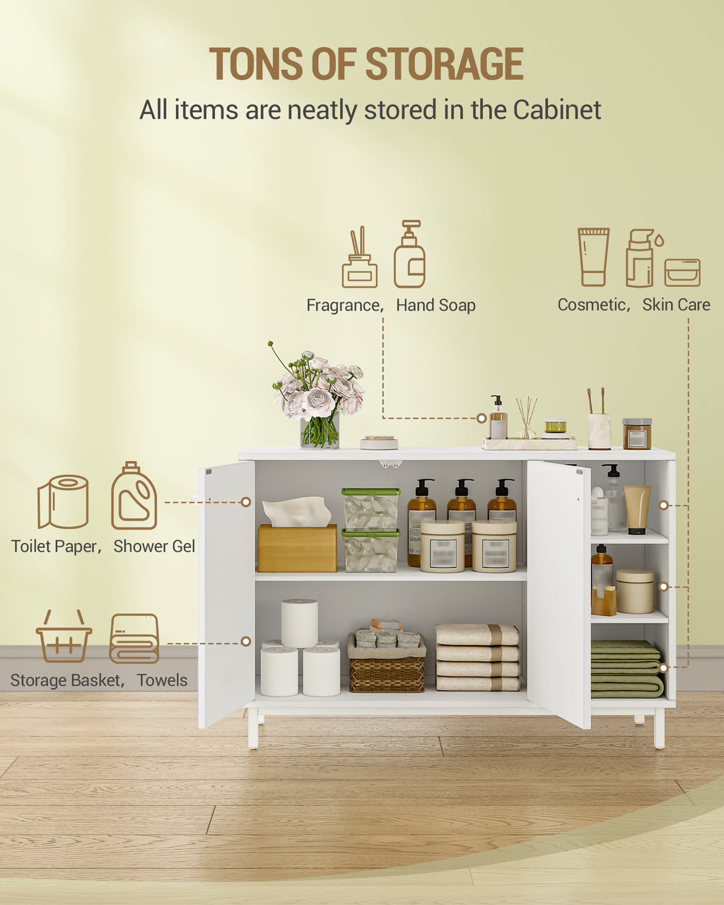 HEXCELEN  ‌Modern 2-Door Cabinet with Open Shelf, for Bathroom & Kitchen
