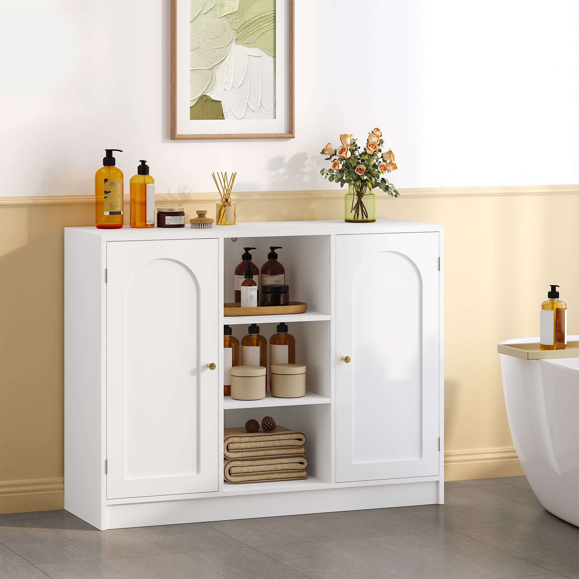 Hzuaneri Bathroom Cabinet with 2 Doors, Kitchen Cabinet, Storage Cabinet, Sideboard with 3 Open Storage Compartments, Adjustable Shelf, Bathroom, Kitchen, 30 x 100 x 81.5 cm, White SC21203X