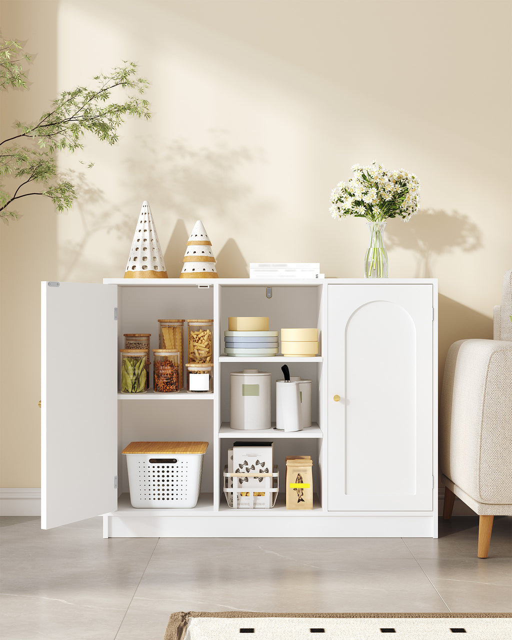 Hzuaneri Bathroom Cabinet with 2 Doors, Kitchen Cabinet, Storage Cabinet, Sideboard with 3 Open Storage Compartments, Adjustable Shelf, Bathroom, Kitchen, 30 x 100 x 81.5 cm, White SC21203X
