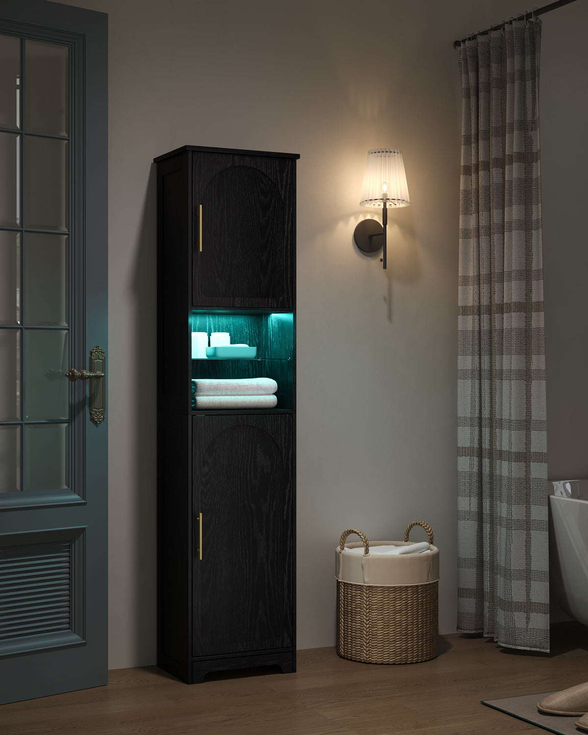 Hzuaneri SC28204X Bathroom Cabinet, Tall Cabinet with Colour Changing LED Lights and 2 Doors, Adjustable Shelves, Living Room, Bathroom, 30 x 40 x 170 cm, Black SC28204X