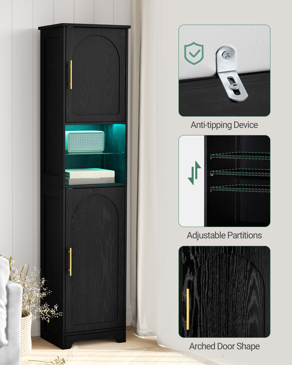 Hzuaneri SC28204X Bathroom Cabinet, Tall Cabinet with Colour Changing LED Lights and 2 Doors, Adjustable Shelves, Living Room, Bathroom, 30 x 40 x 170 cm, Black SC28204X