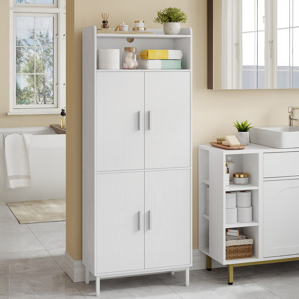 Hzuaneri Bathroom Cabinet, Kitchen Cabinet, Storage Cabinet, 4 Doors and 1 Open Area, Adjustable Shelf, Bathroom, Living Room, 30 x 60 x 160 cm, White SC45713W