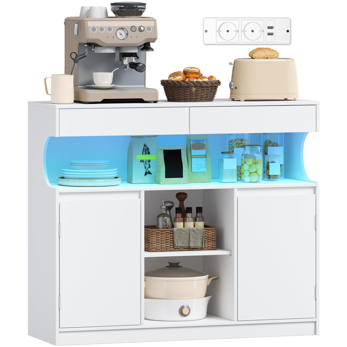 Hzuaneri SC64903X Sideboard, Kitchen Cabinet with Power Strip and LED Light, Storage Cabinet, 2 Drawers and 2 Doors, Adjustable Shelves, Buffet Cabinet, Dining Room, Kitchen, 35 x 100 x 85 cm, White SC64903X