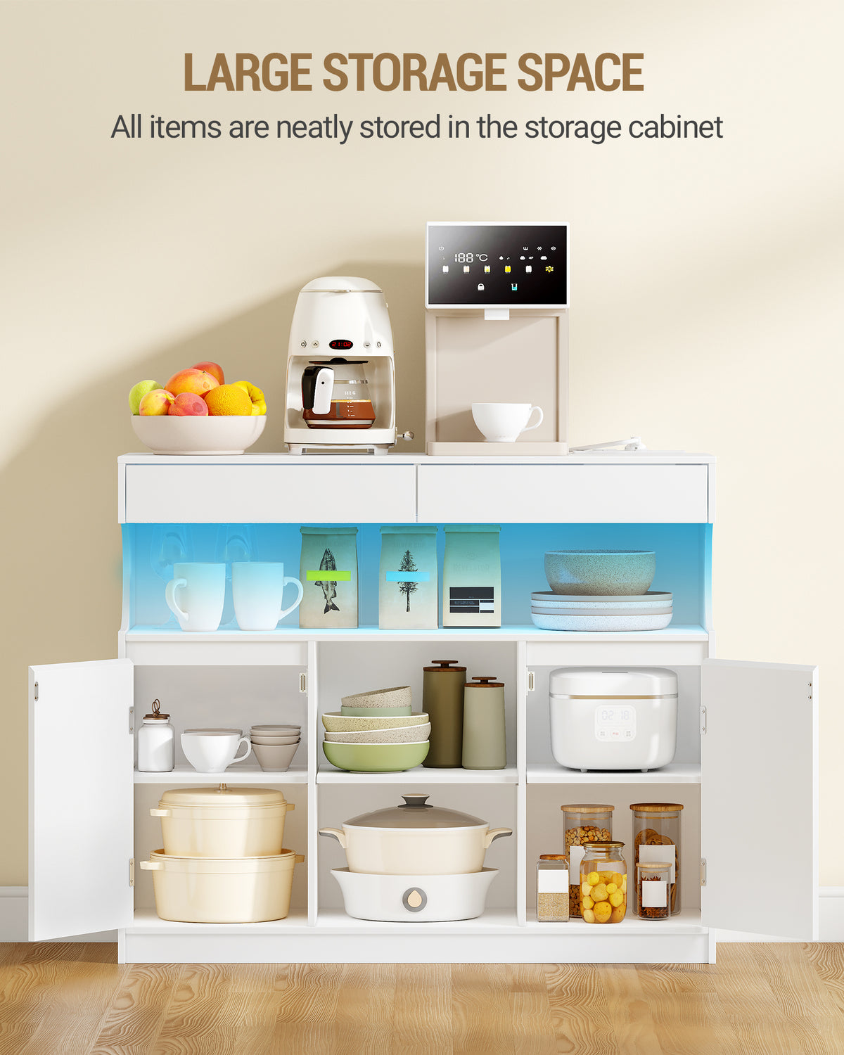 Hzuaneri SC64903X Sideboard, Kitchen Cabinet with Power Strip and LED Light, Storage Cabinet, 2 Drawers and 2 Doors, Adjustable Shelves, Buffet Cabinet, Dining Room, Kitchen, 35 x 100 x 85 cm, White SC64903X