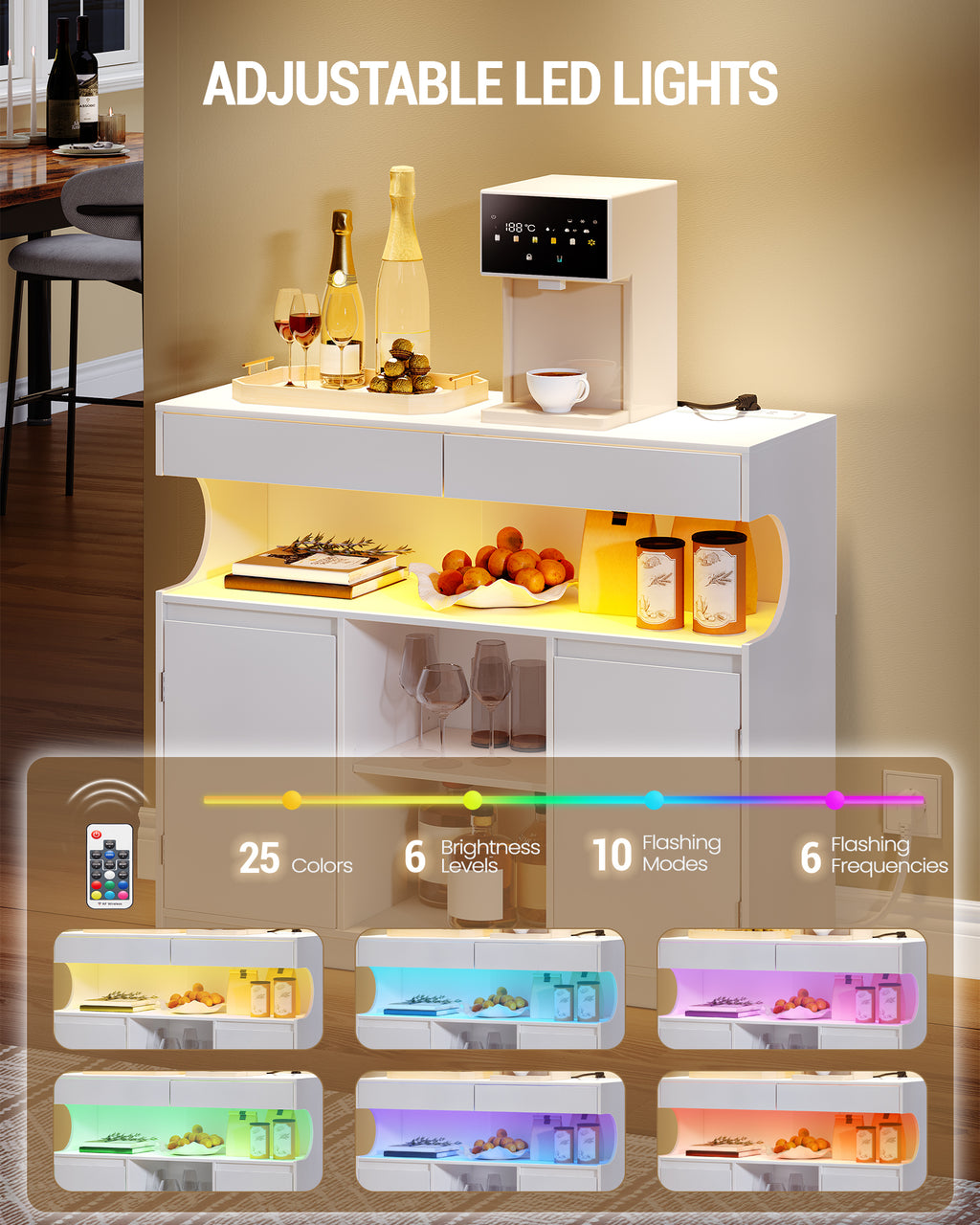 Hzuaneri SC64903X Sideboard, Kitchen Cabinet with Power Strip and LED Light, Storage Cabinet, 2 Drawers and 2 Doors, Adjustable Shelves, Buffet Cabinet, Dining Room, Kitchen, 35 x 100 x 85 cm, White SC64903X