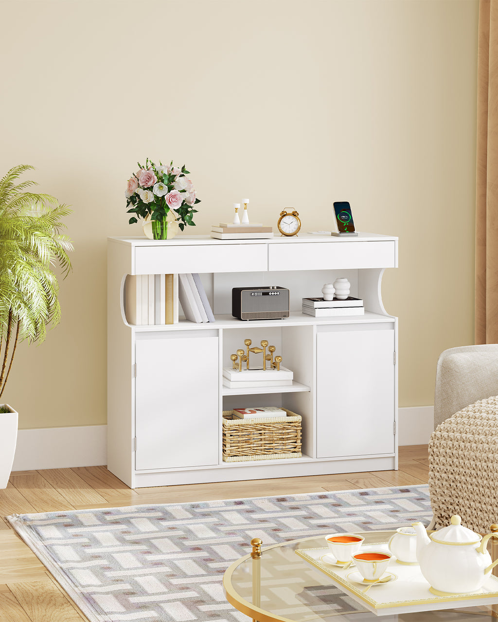 Hzuaneri SC64903X Sideboard, Kitchen Cabinet with Power Strip and LED Light, Storage Cabinet, 2 Drawers and 2 Doors, Adjustable Shelves, Buffet Cabinet, Dining Room, Kitchen, 35 x 100 x 85 cm, White SC64903X