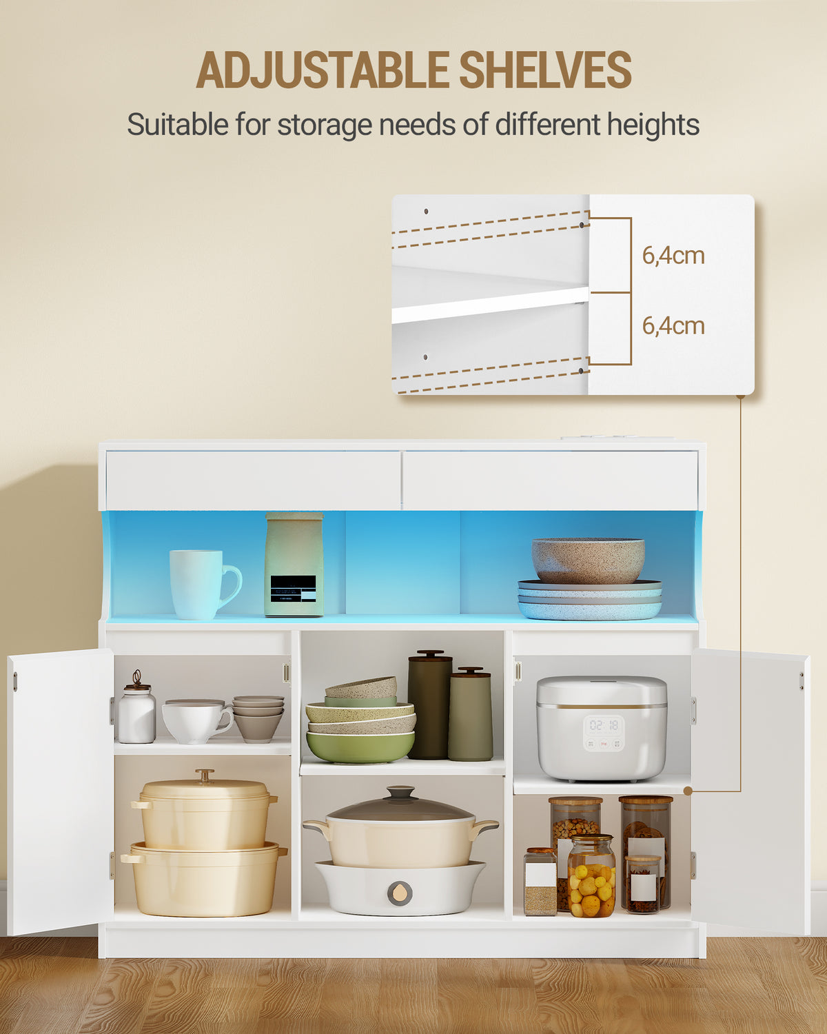 Hzuaneri SC64903X Sideboard, Kitchen Cabinet with Power Strip and LED Light, Storage Cabinet, 2 Drawers and 2 Doors, Adjustable Shelves, Buffet Cabinet, Dining Room, Kitchen, 35 x 100 x 85 cm, White SC64903X