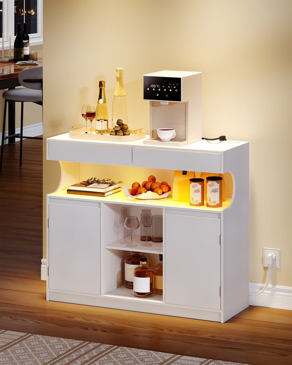 Hzuaneri SC64903X Sideboard, Kitchen Cabinet with Power Strip and LED Light, Storage Cabinet, 2 Drawers and 2 Doors, Adjustable Shelves, Buffet Cabinet, Dining Room, Kitchen, 35 x 100 x 85 cm, White SC64903X
