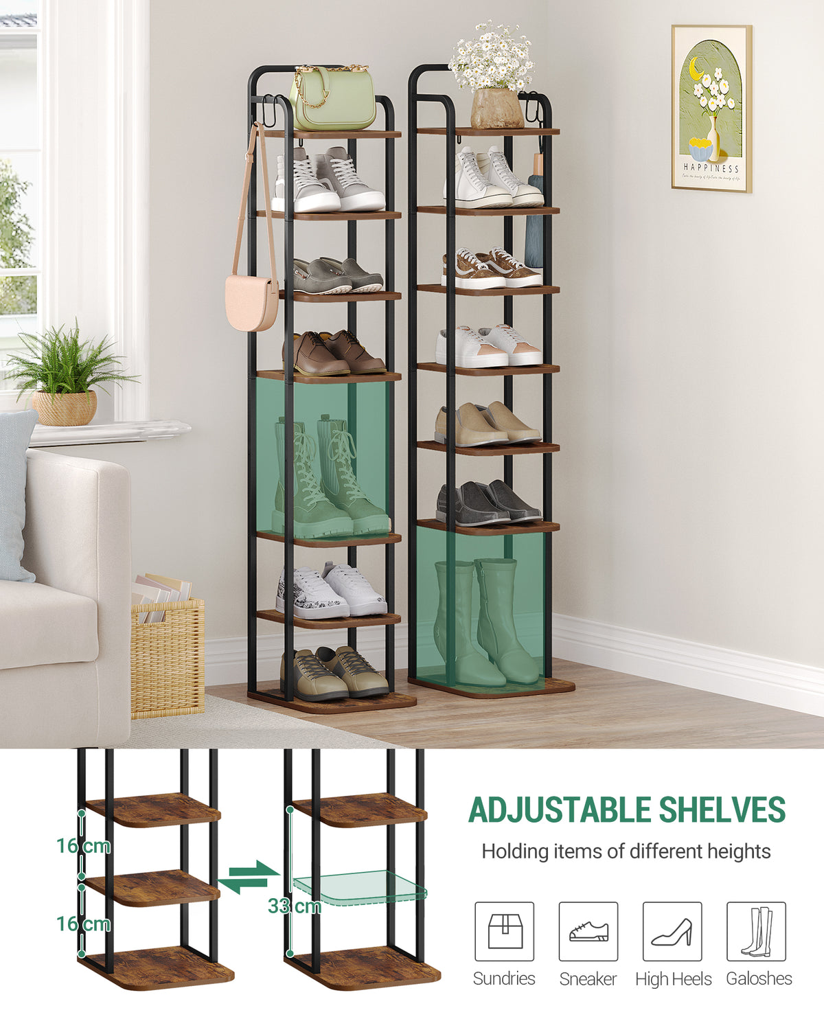 HEXCELEN Adjustable 8-Tier Vertical Shoe Rack, Space Saving Shoe Storage Unit