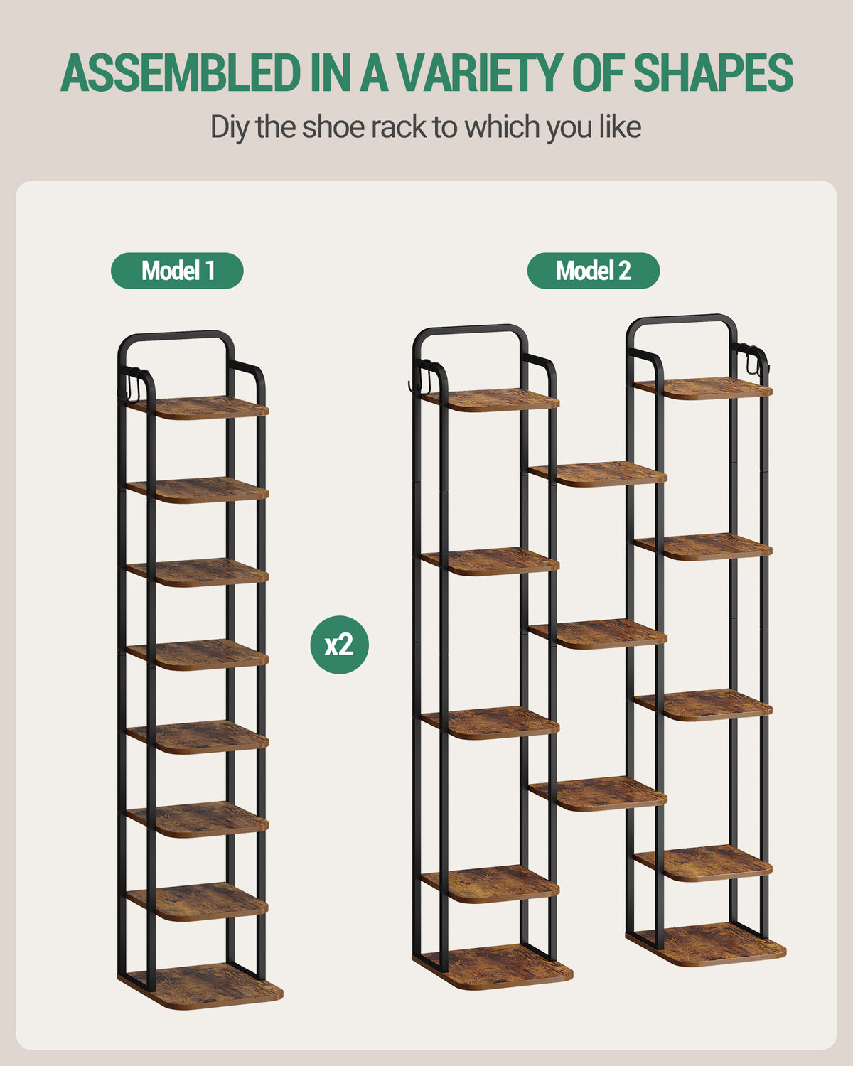 HEXCELEN Adjustable 8-Tier Vertical Shoe Rack, Space Saving Shoe Storage Unit