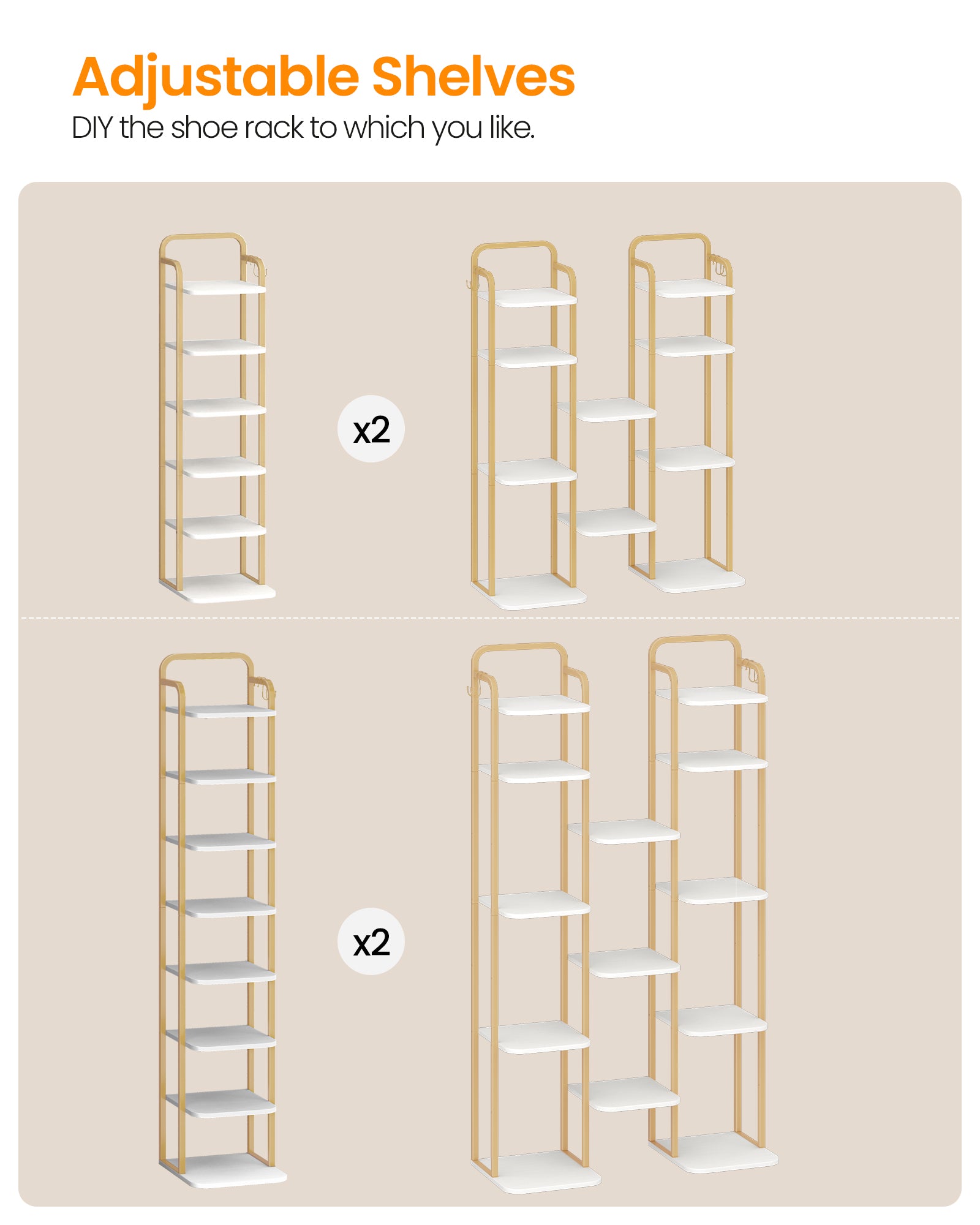 HEXCELEN Adjustable 8-Tier Vertical Shoe Rack, Space Saving Shoe Storage Unit