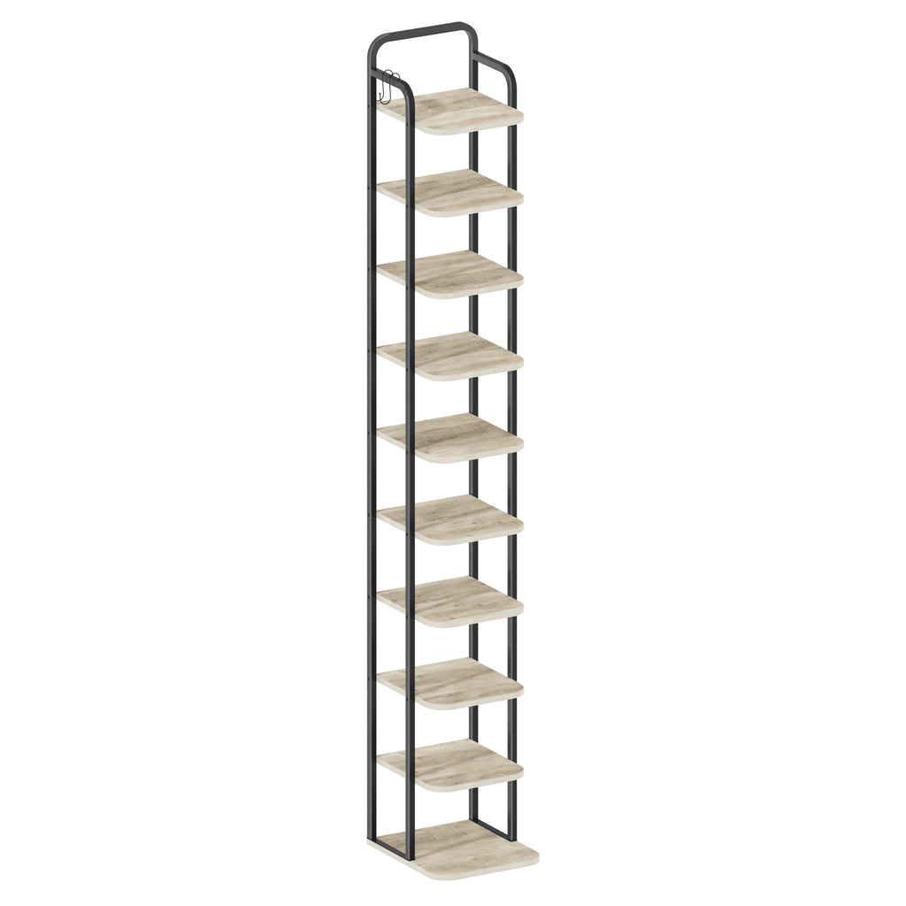 Hzuaneri 10-Tier Vertical Shoe Rack, Narrow Shoe Tower, High Shoe Rack with 2 Hooks, Adjustable Shelf, Small Space, Corner Shoe Rack, Entrance Passage, Living Room Greige SR11205B