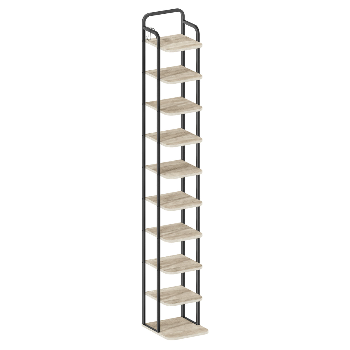 Hzuaneri 10-Tier Vertical Shoe Rack, Narrow Shoe Tower, High Shoe Rack with 2 Hooks, Adjustable Shelf, Small Space, Corner Shoe Rack, Entrance Passage, Living Room Greige SR11205B