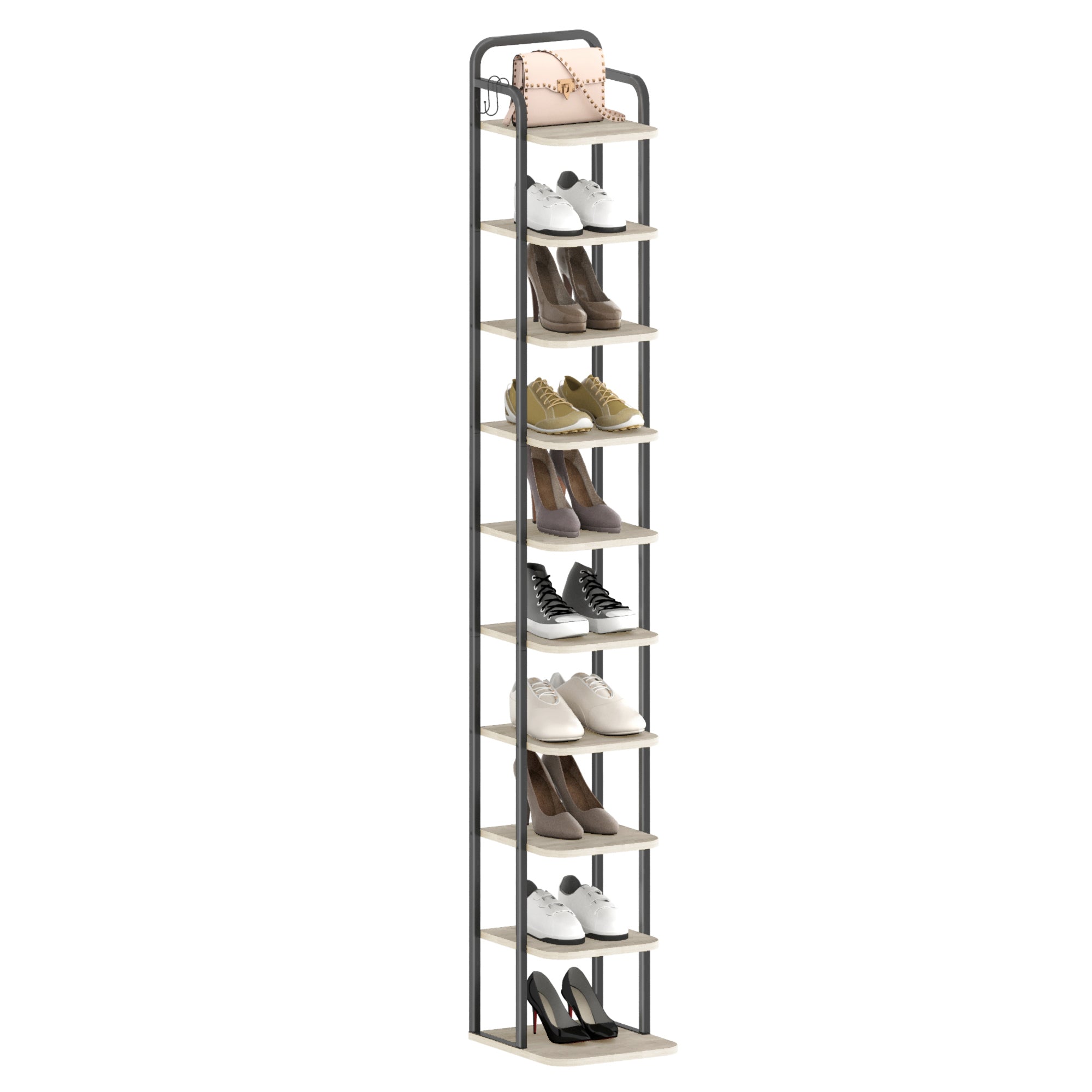 Hzuaneri 10-Tier Vertical Shoe Rack, Narrow Shoe Tower, High Shoe Rack with 2 Hooks, Adjustable Shelf, Small Space, Corner Shoe Rack, Entrance Passage, Living Room Greige SR11205B