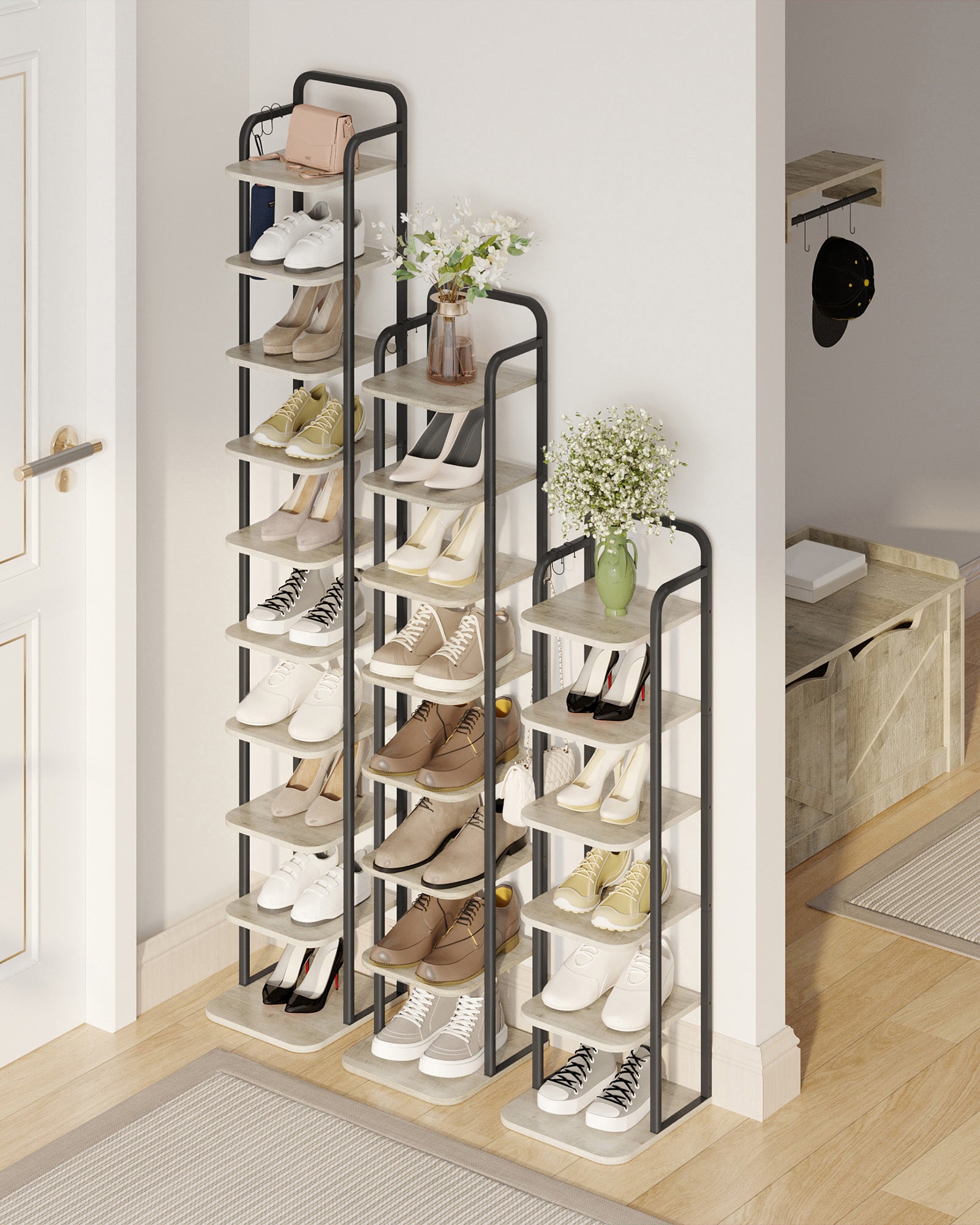 Hzuaneri 10-Tier Vertical Shoe Rack, Narrow Shoe Tower, High Shoe Rack with 2 Hooks, Adjustable Shelf, Small Space, Corner Shoe Rack, Entrance Passage, Living Room Greige SR11205B