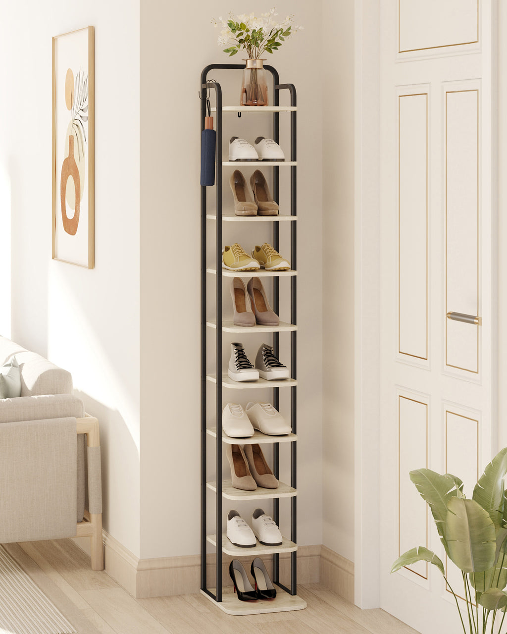 Hzuaneri 10-Tier Vertical Shoe Rack, Narrow Shoe Tower, High Shoe Rack with 2 Hooks, Adjustable Shelf, Small Space, Corner Shoe Rack, Entrance Passage, Living Room Greige SR11205B