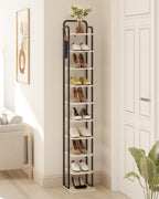 Hzuaneri 10-Tier Vertical Shoe Rack, Narrow Shoe Tower, High Shoe Rack with 2 Hooks, Adjustable Shelf, Small Space, Corner Shoe Rack, Entrance Passage, Living Room Greige SR11205B