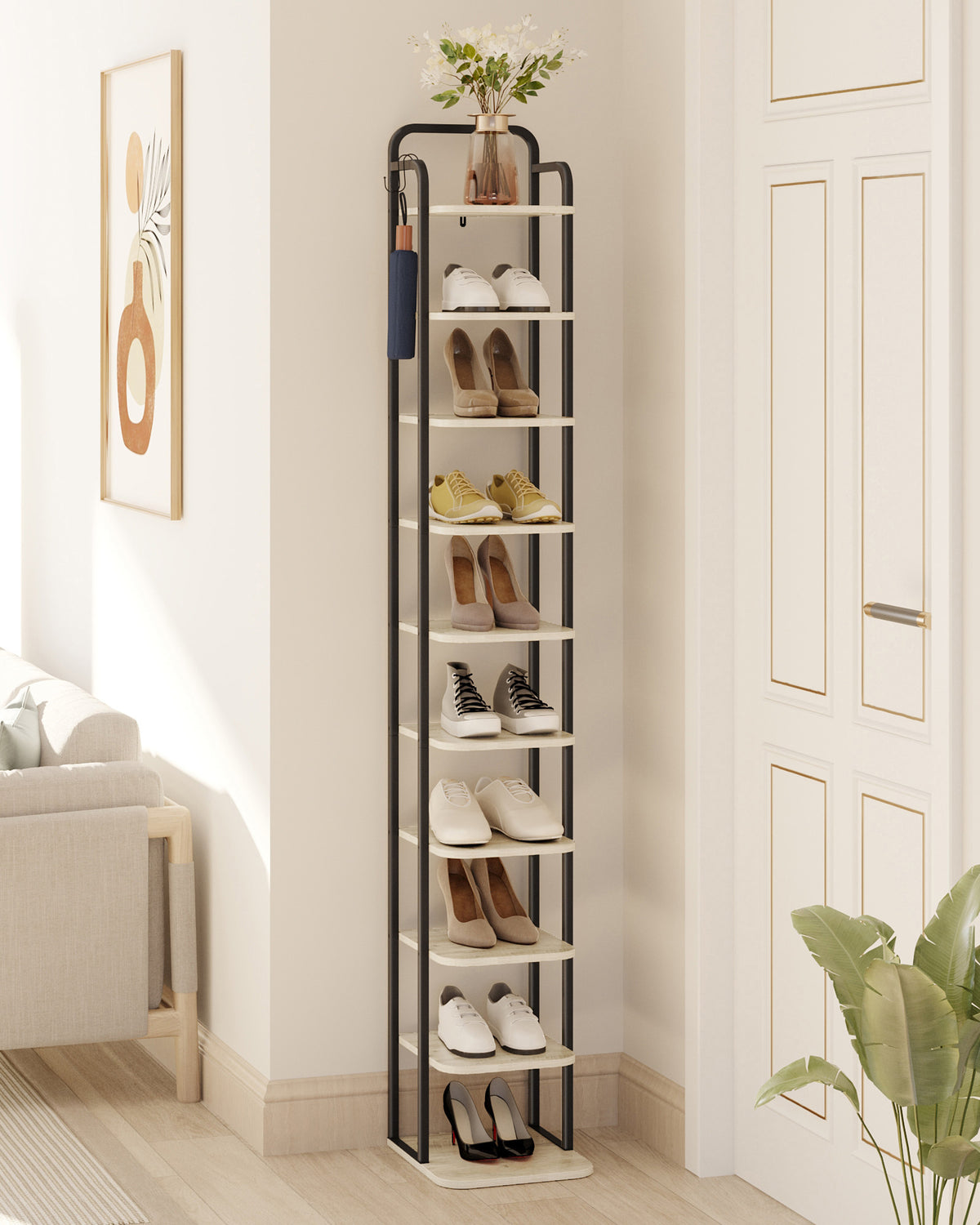 Hzuaneri 10-Tier Vertical Shoe Rack, Narrow Shoe Tower, High Shoe Rack with 2 Hooks, Adjustable Shelf, Small Space, Corner Shoe Rack, Entrance Passage, Living Room Greige SR11205B