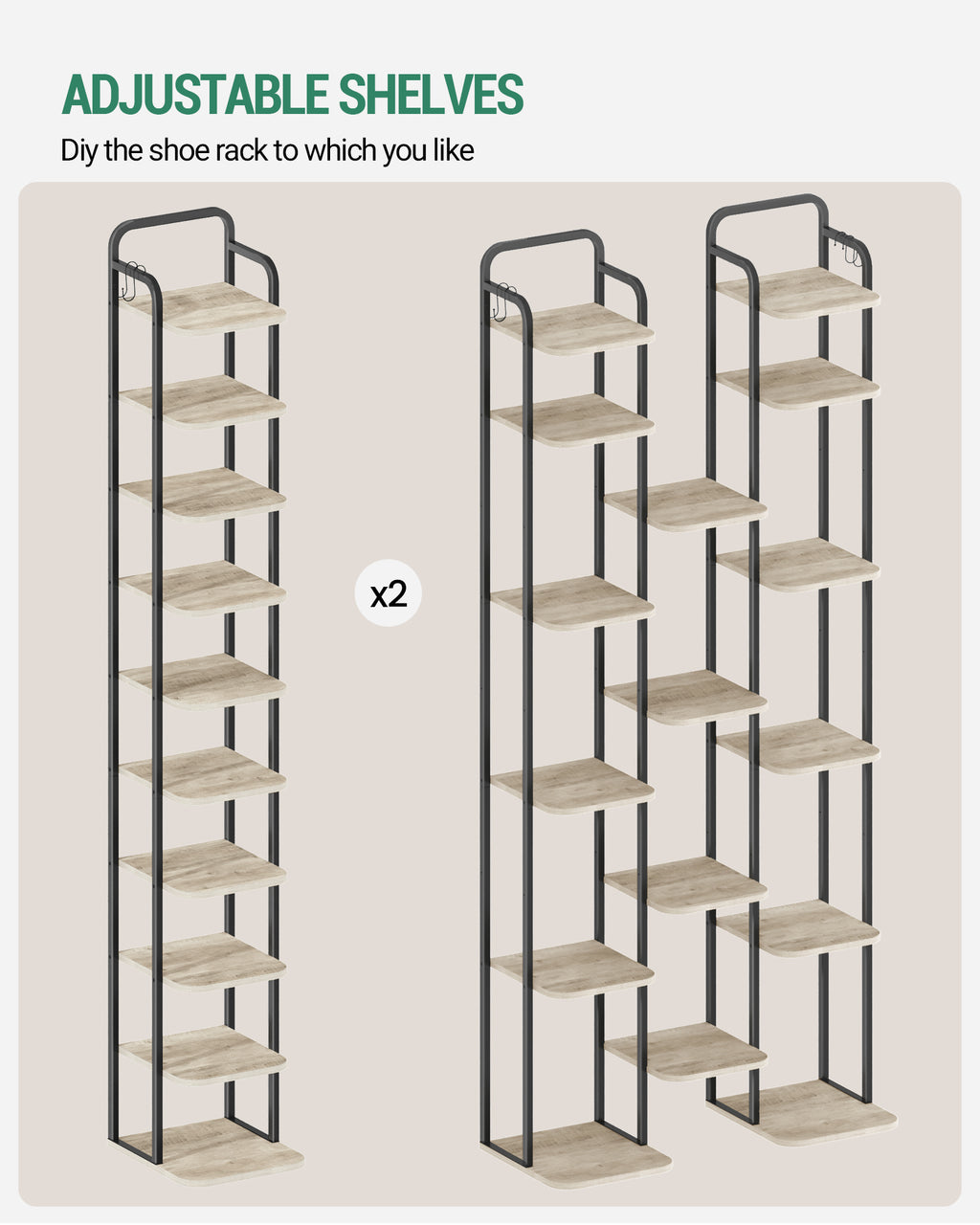 Hzuaneri 10-Tier Vertical Shoe Rack, Narrow Shoe Tower, High Shoe Rack with 2 Hooks, Adjustable Shelf, Small Space, Corner Shoe Rack, Entrance Passage, Living Room Greige SR11205B