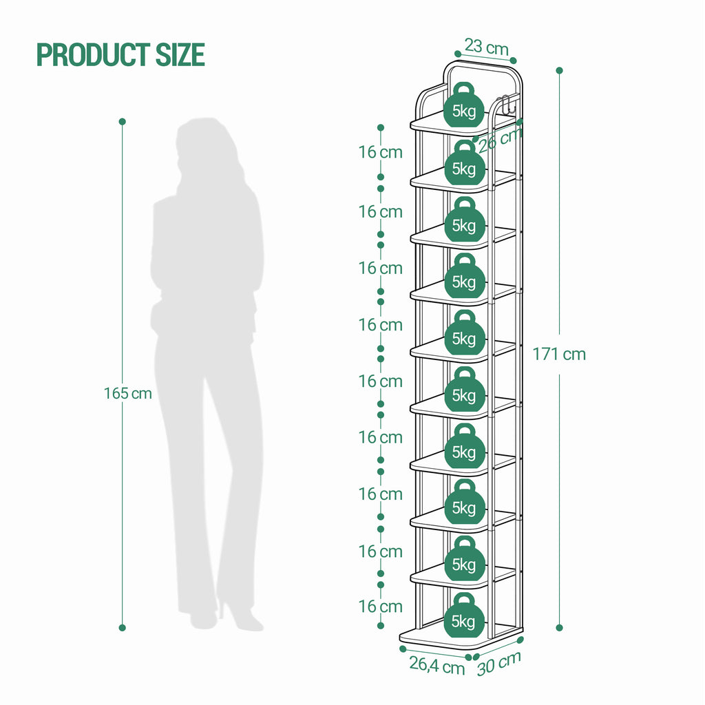 Hzuaneri 10-Tier Vertical Shoe Rack, Narrow Shoe Tower, High Shoe Rack with 2 Hooks, Adjustable Shelf, Small Space, Corner Shoe Rack, Entrance Passage, Living Room Greige SR11205B