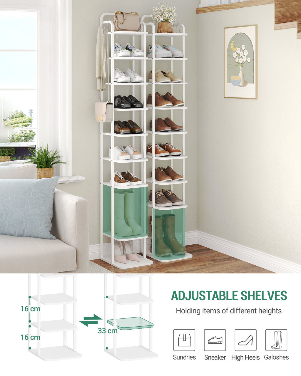 HEXCELEN  Adjustable Shoe Rack - Space-Saving Shoe Tower for Small Spaces