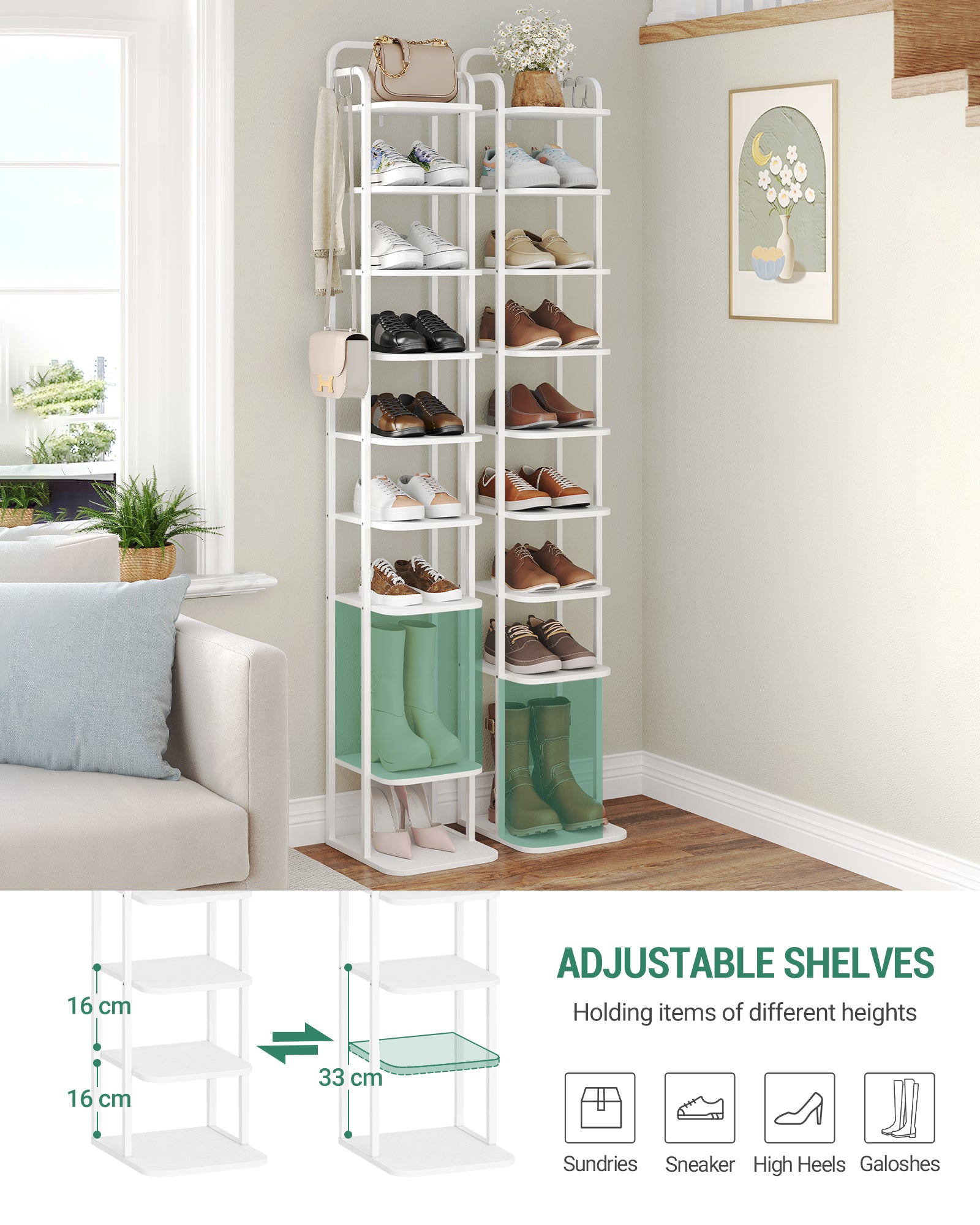 HEXCELEN  Adjustable Shoe Rack - Space-Saving Shoe Tower for Small Spaces