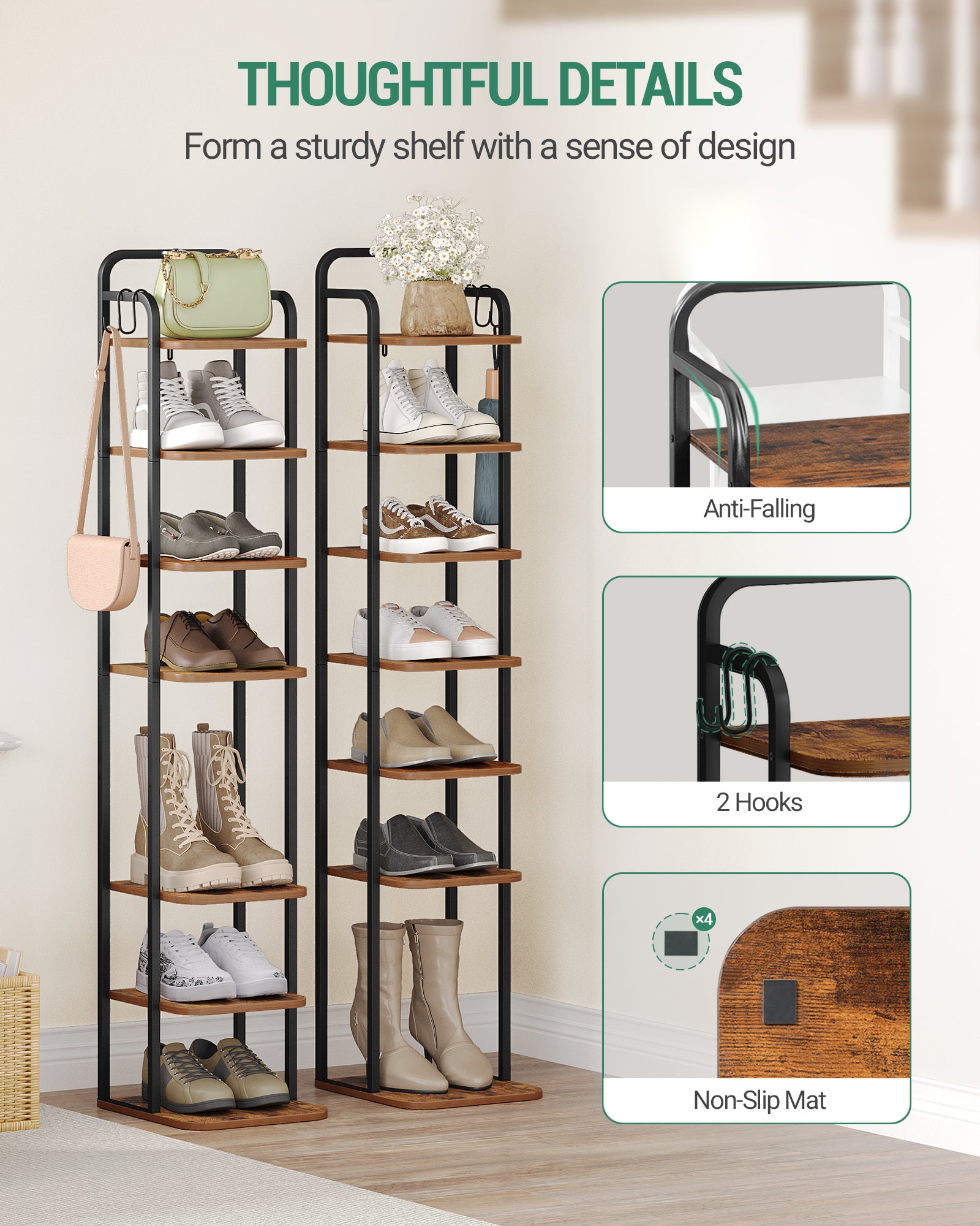 HEXCELEN Adjustable 8-Tier Vertical Shoe Rack, Space Saving Shoe Storage Unit