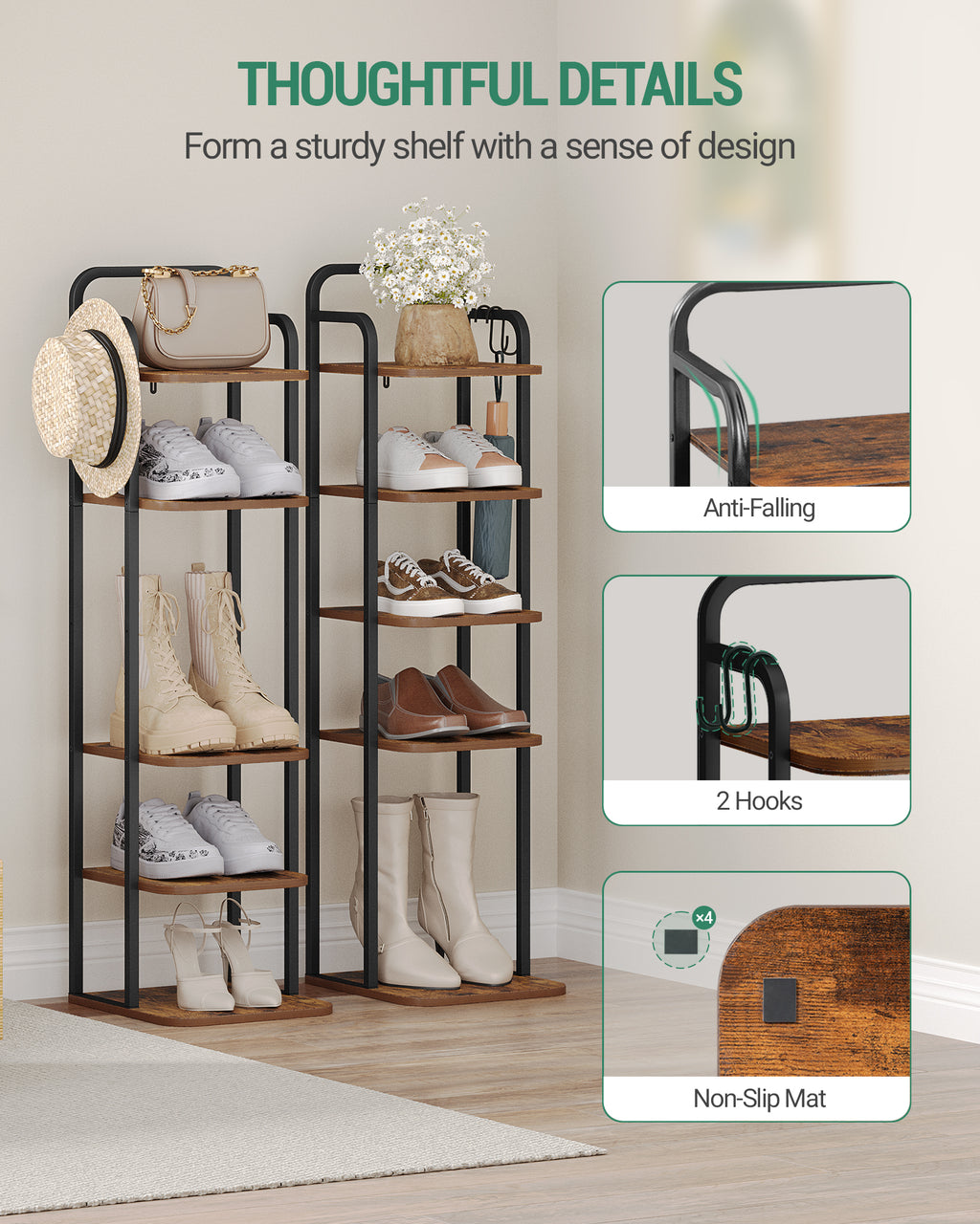 Hzuaneri Vertical Shoe Rack, 6-Tier Shoe Shelves, Wooden Shoe Organizer for Closet, Entryway, Rustic Brown and Black