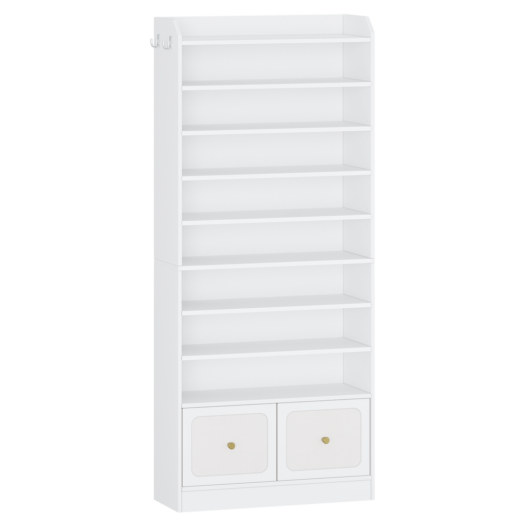HEXCELEN Shoe Storage Cabinet, 10 Tiers Shoe Cabinet with 2 Cloth Drawers, Wooden Freestanding Shoes Organizer