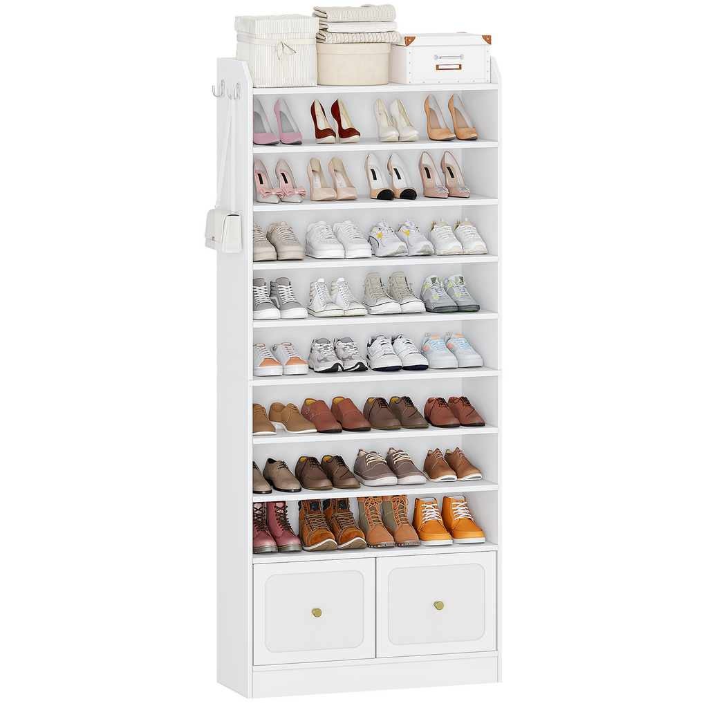 HEXCELEN Shoe Storage Cabinet, 10 Tiers Shoe Cabinet with 2 Cloth Drawers, Wooden Freestanding Shoes Organizer