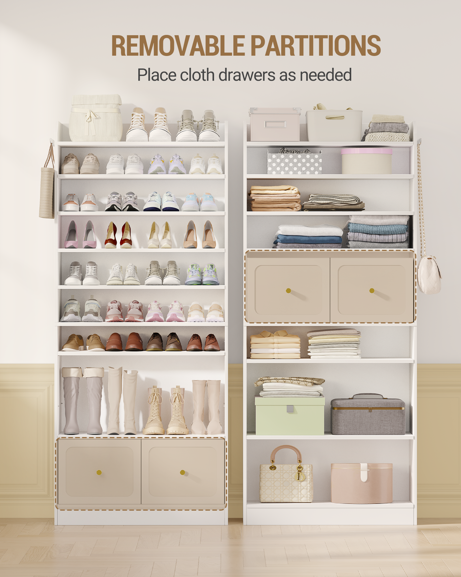 HEXCELEN Shoe Storage Cabinet, 10 Tiers Shoe Cabinet with 2 Cloth Drawers, Wooden Freestanding Shoes Organizer