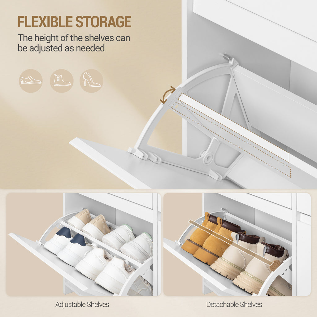 Hzuaneri Shoe Cabinet, Narrow Shoe Cabinet with LED Lighting, Shoe Rack, Adjustable Dividers, 20 Pairs, 4 Drop-Down Doors (100L), for Entryway, Hallway, White SR53603X