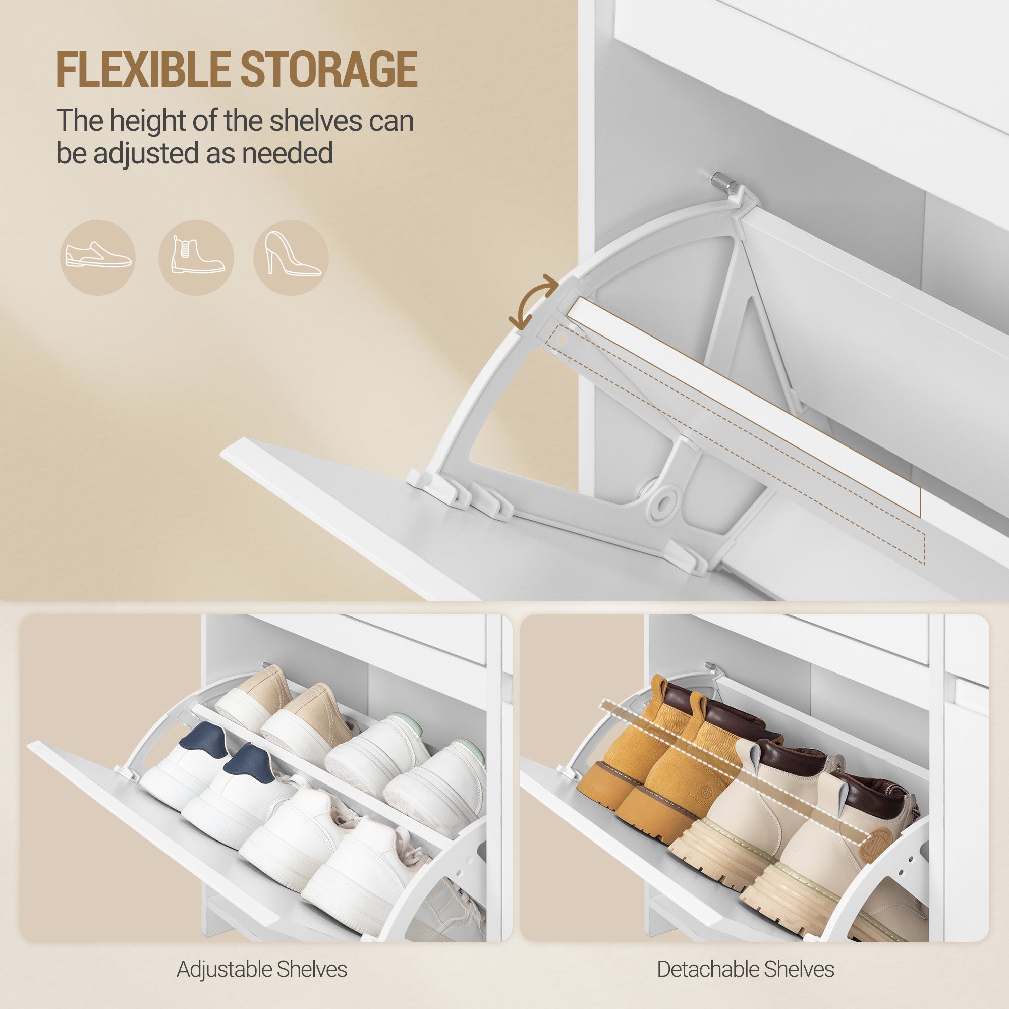 Hzuaneri Shoe Cabinet, Narrow Shoe Cabinet with LED Lighting, Shoe Rack, Adjustable Dividers, 20 Pairs, 4 Drop-Down Doors (100L), for Entryway, Hallway, White SR53603X
