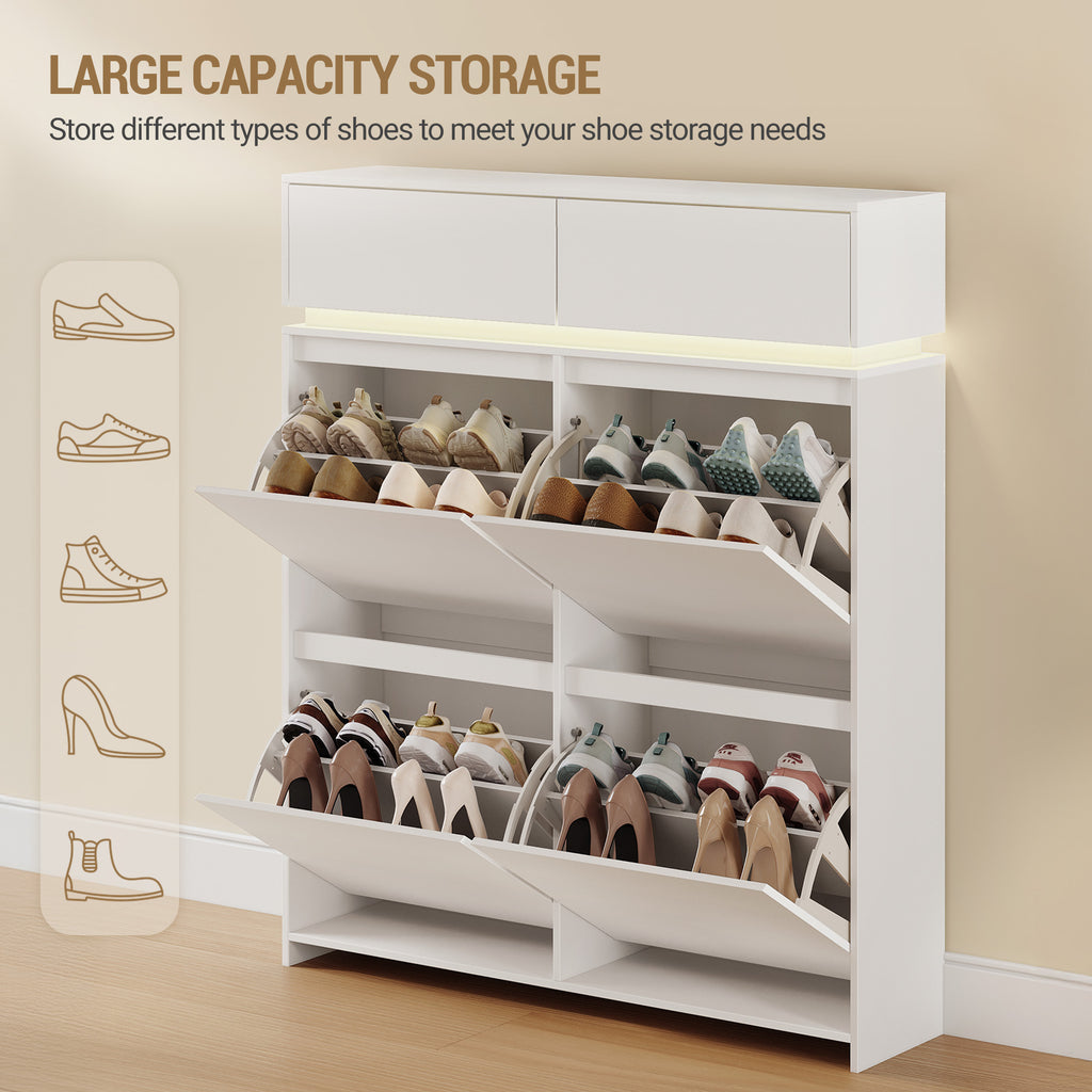 Hzuaneri Shoe Cabinet, Narrow Shoe Cabinet with LED Lighting, Shoe Rack, Adjustable Dividers, 20 Pairs, 4 Drop-Down Doors (100L), for Entryway, Hallway, White SR53603X