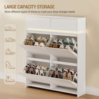 Hzuaneri Shoe Cabinet, Narrow Shoe Cabinet with LED Lighting, Shoe Rack, Adjustable Dividers, 20 Pairs, 4 Drop-Down Doors (100L), for Entryway, Hallway, White SR53603X