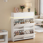 Hzuaneri Shoe Cabinet, Narrow Shoe Cabinet with LED Lighting, Shoe Rack, Adjustable Dividers, 20 Pairs, 4 Drop-Down Doors (100L), for Entryway, Hallway, White SR53603X