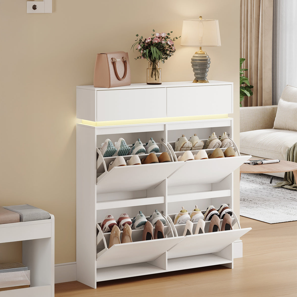 Hzuaneri Shoe Cabinet, Narrow Shoe Cabinet with LED Lighting, Shoe Rack, Adjustable Dividers, 20 Pairs, 4 Drop-Down Doors (100L), for Entryway, Hallway, White SR53603X