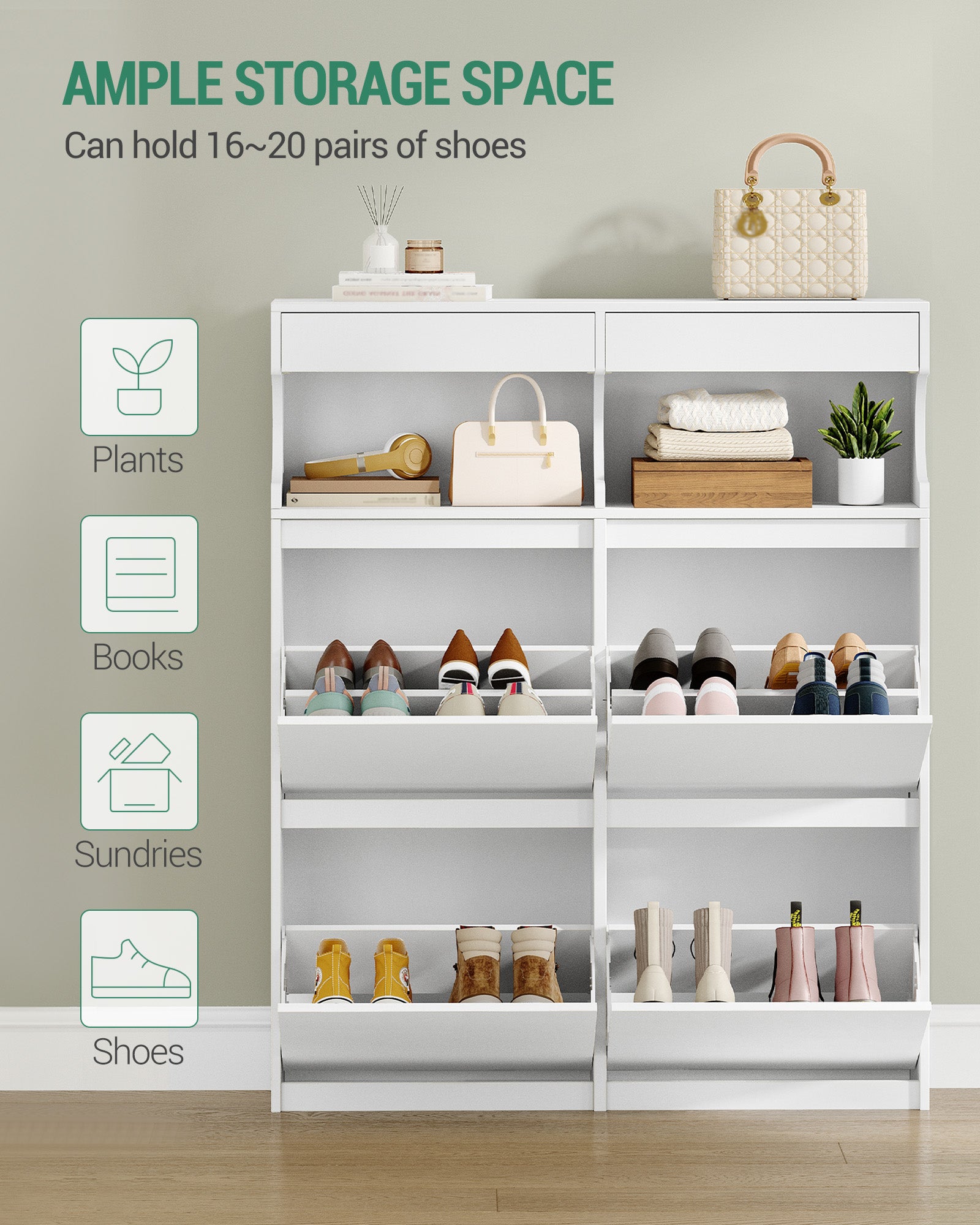 Hzuaneri Shoe Cabinet, Shoe Rack, Slim, Adjustable, Shoe Cabinet for Entrance, Hallway, Wardrobe, 20 Pairs, 4 Flaps (100 B cm), White SR56703X